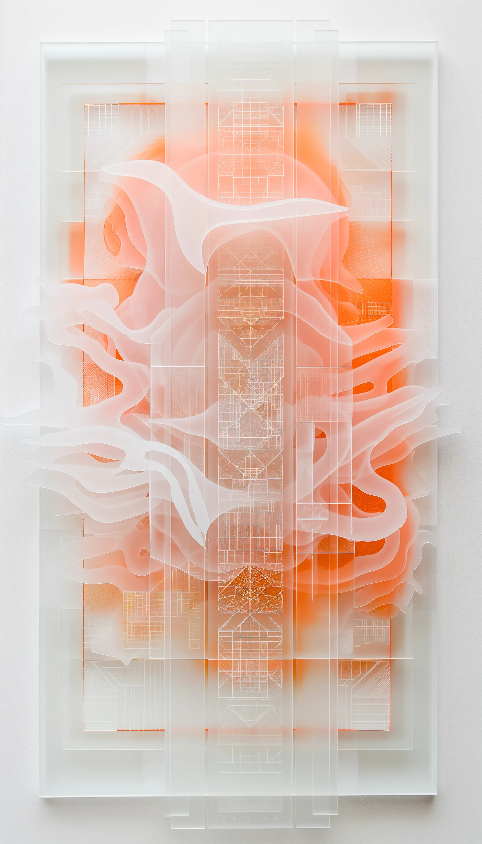 Embracing the "Velocity Visions" aesthetic, this piece is a celebration of form and digital abstraction. It features architectural blueprints overlaid with soft, organic shapes in a gradient of peach to vibrant coral. The translucent layering creates an ethereal feel, suggesting a fusion of the built environment with the fluidity of digital space. It reflects on the ephemeral nature of our digital constructs and the delicate balance between our creations and the digital realm's impermanence.