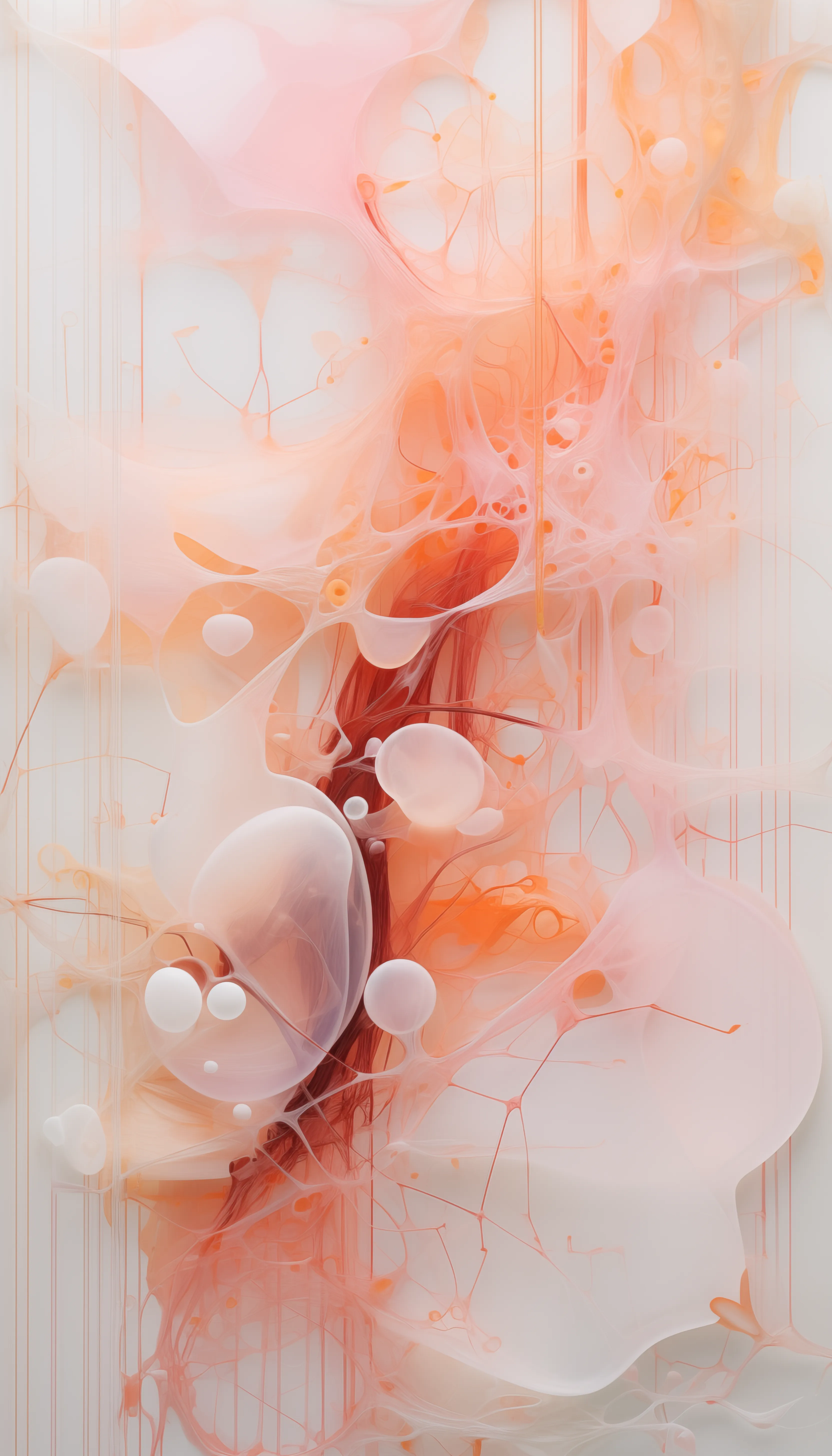 In "Neural Drift," we witness an ethereal landscape where the organic intricacies of neural pathways are abstracted into a vibrant visual harmony. Soft coral and peach hues bleed into one another, creating a delicate interplay of color and form. The composition, reminiscent of biological structures and synaptic connections, blurs the lines between the familiar and the surreal. This artwork is not merely a representation but a poetic exploration of life's unseen energy and the delicate balance within. It invites contemplation of the natural elegance hidden within the complexities of existence, a gentle whisper of life's interconnectedness rendered in a dreamlike tableau.