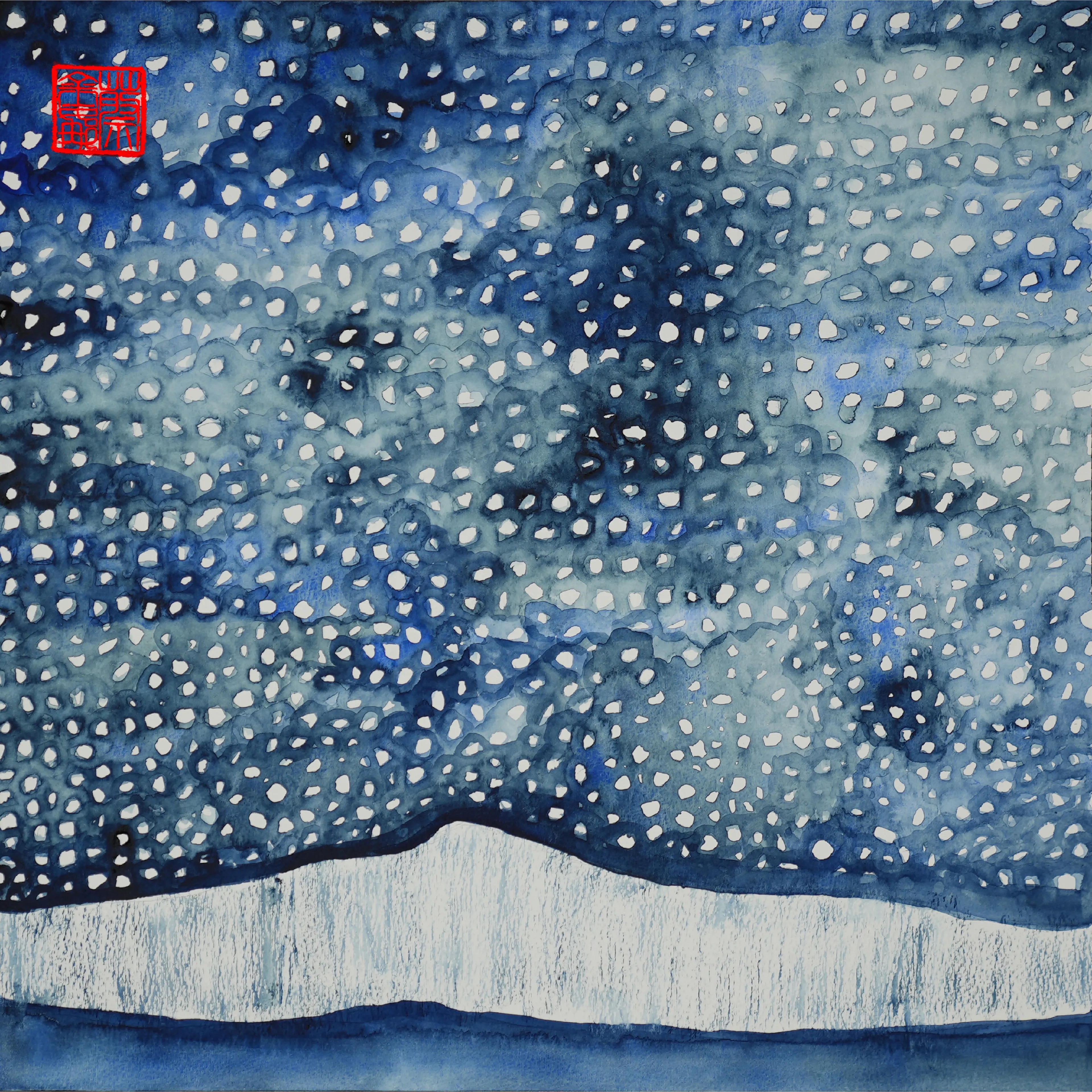 This work ‘Blue Transience’ extends my discourse with DALL·E. Using watercolour on 300gsm cotton rag I have translated and interpreted my AI generated artwork ‘Blue Divine’ into a physical painting by my own hand. Through the act of transforming the digital into physical I infuse my xin (heart and mind) into the work – a physical exchange of qi through brush and paint on paper. In doing so I create what is referred to in the Chinese painting tradition as a ‘seal of the heart’ or ‘mind-print’. The artwork is titled differently to its AI sister-work. Through the process of its creation, using my body and mind as a medium and tool, the work becomes an entirely different object, yet a close relative to its AI counterpart, with a unique expression, process and history. We are all conduits of energy, all instruments of this world. I train my body and mind to create, much in the same way as I might shape DALL·E as a creative tool.