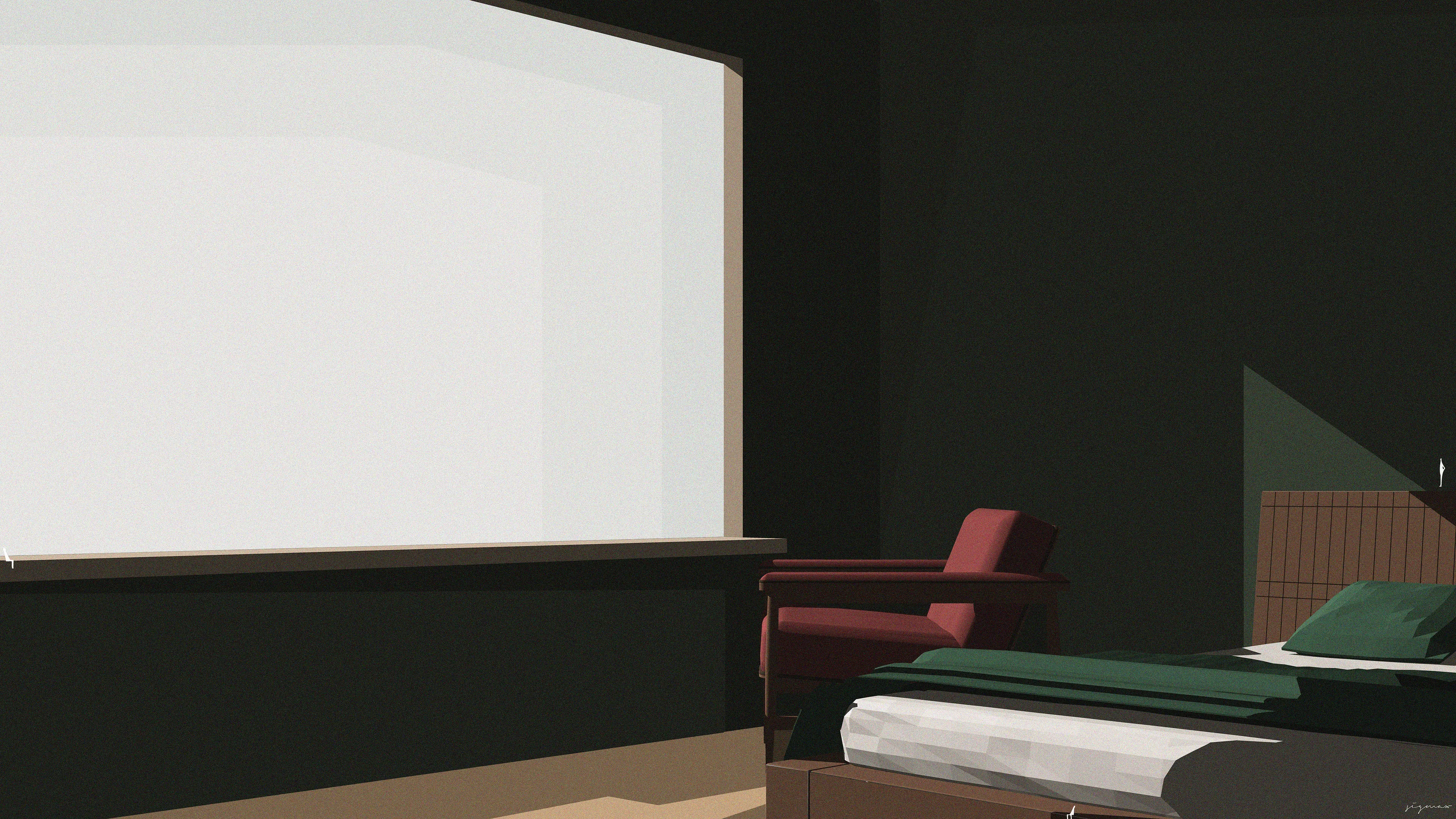 Red chair keeps vigil  
in the theatre of dusk,  
where white walls swallow  
the last conversations of light.  
Green cushions hold the memory  
of weight, of presence—  
geometry rehearsing solitude.  
The day dissolves  
into sharp-edged shadows,  
leaving only the architecture  
of waiting.  
Here, in the afterglow,  
furniture dreams  
of the bodies it once knew.