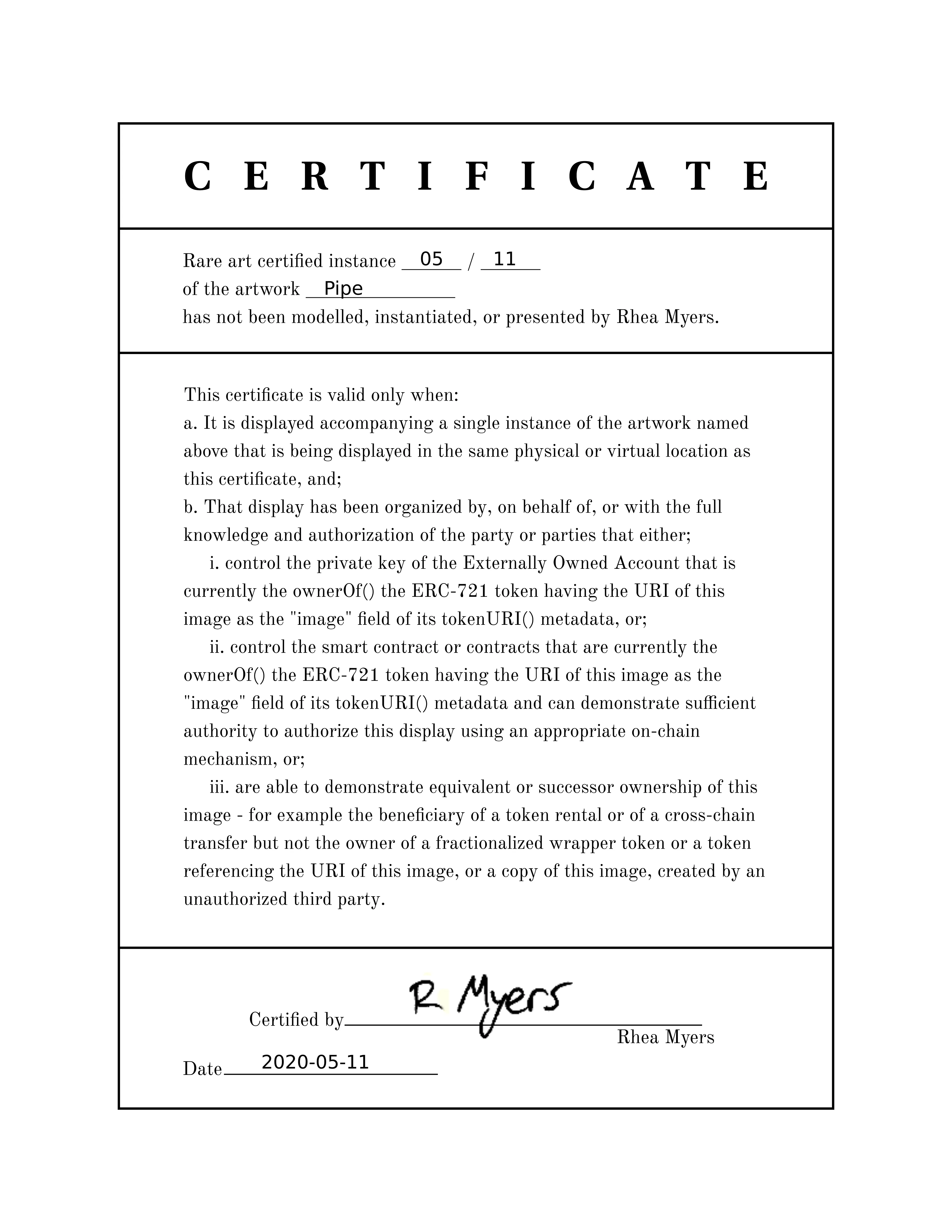 A rare art certificate of inauthenticity for Pipe.