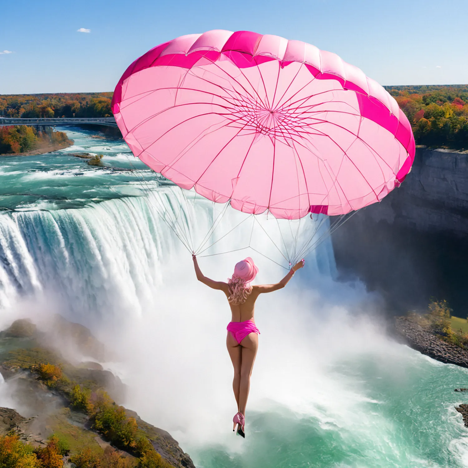 In the bright light of day, high above the thundering cascade of Niagara Falls, a woman leaps from a plane with fearless determination. Adorned in a vibrant pink parachute, she descends gracefully through the misty air, her heart racing with exhilaration. As the mighty waters roar below, she embraces the thrill of the moment, feeling the rush of wind against her skin as she navigates the swirling currents of the sky. Against the backdrop of nature's awe-inspiring spectacle, she becomes a daring silhouette, her spirit soaring in harmony with the majestic beauty of Niagara Falls.