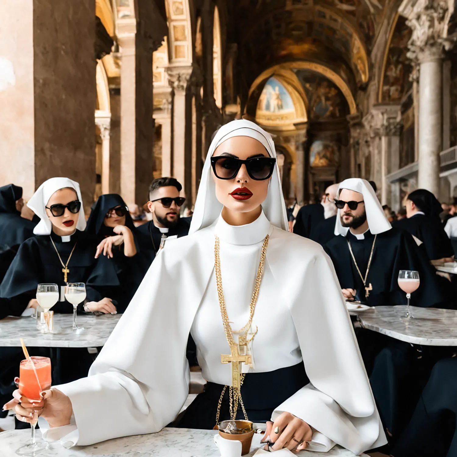 In the heart of Vatican City, the woman sits regally amidst the serene confines of a beautiful café, her demeanor exuding an aura of pious grace. Surrounded by a congregation of devout nuns, their solemn presence adding to the sanctity of the space, she holds a delicate cocktail glass in her hand. Behind the veil of her sunglasses, her gaze remains composed, her reverence unwavering even in this unexpected setting. Amidst the soft murmur of prayers and the gentle clinking of glasses, she finds solace, a moment of respite amidst the solemnity of her surroundings.