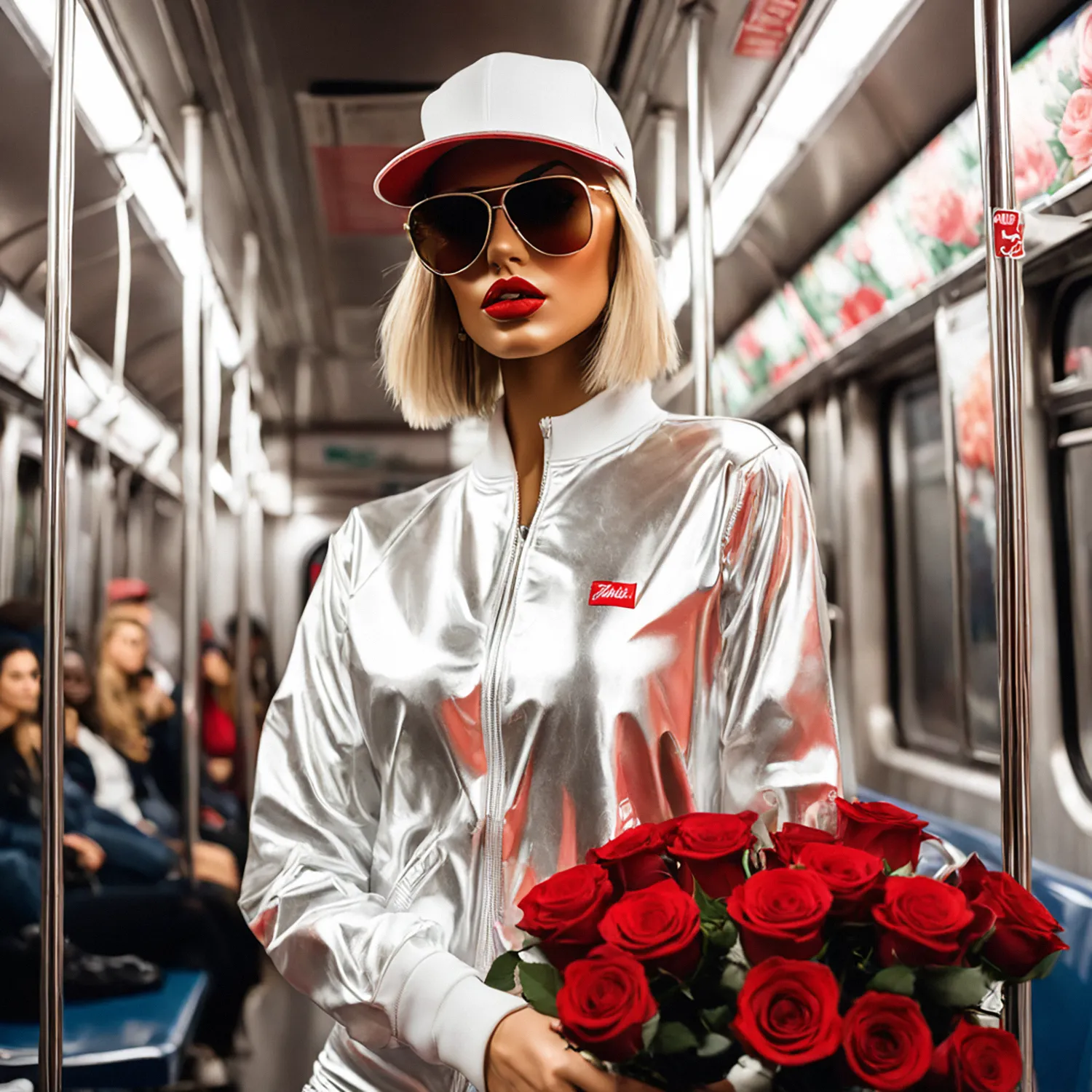 In the bustling heart of Philadelphia, amidst the rhythmic hum of the subway, a woman stands amidst the crowd, her demeanor enigmatic behind a pair of sleek sunglasses. In her grasp, she holds a vibrant bouquet of a dozen roses, their petals a striking contrast against the monochrome backdrop of the underground station. As commuters bustle past, lost in their own worlds, she remains a solitary figure, her gaze fixed on some distant horizon, her expression unreadable. Perhaps amidst the chaos of the city, she finds solace in the simple beauty of the roses, a fleeting moment of tranquility amidst the relentless pulse of urban life.