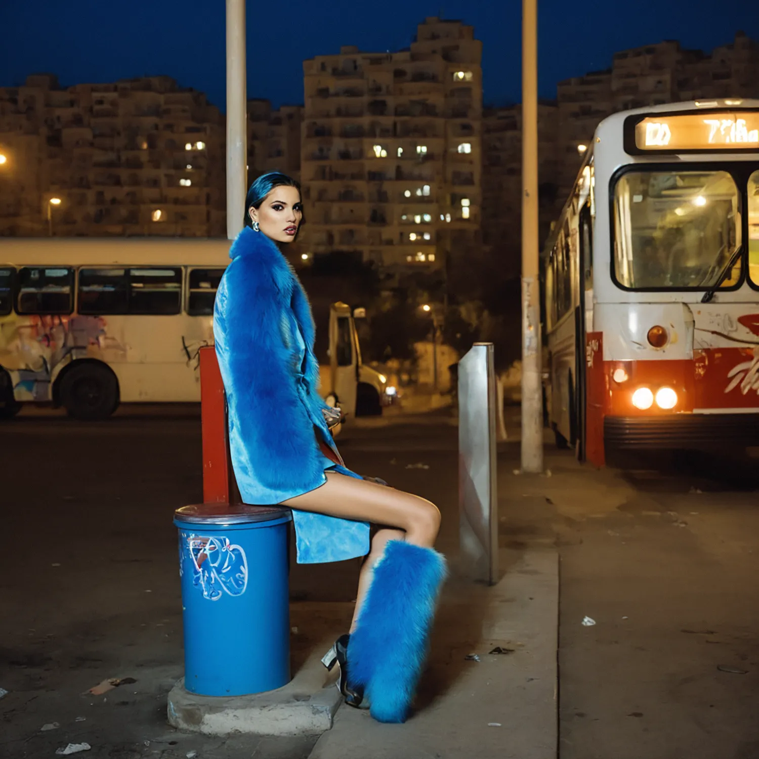 In the evening glow of Baku's bustling streets, a woman finds herself perched gracefully on a weathered trash can at a bus stop. With the city's lights casting a soft halo around her, she sits with an air of casual elegance amidst the urban chaos. As she waits for the bus, her presence becomes a focal point of quiet beauty amidst the rush of commuters and traffic. Passersby pause for a moment, drawn to the unexpected juxtaposition of sophistication and simplicity, finding a moment of tranquility in the midst of the city's ceaseless motion. In this fleeting instant, the ordinary is transformed into something extraordinary, and the essence of Baku's charm reveals itself in the most unexpected places.