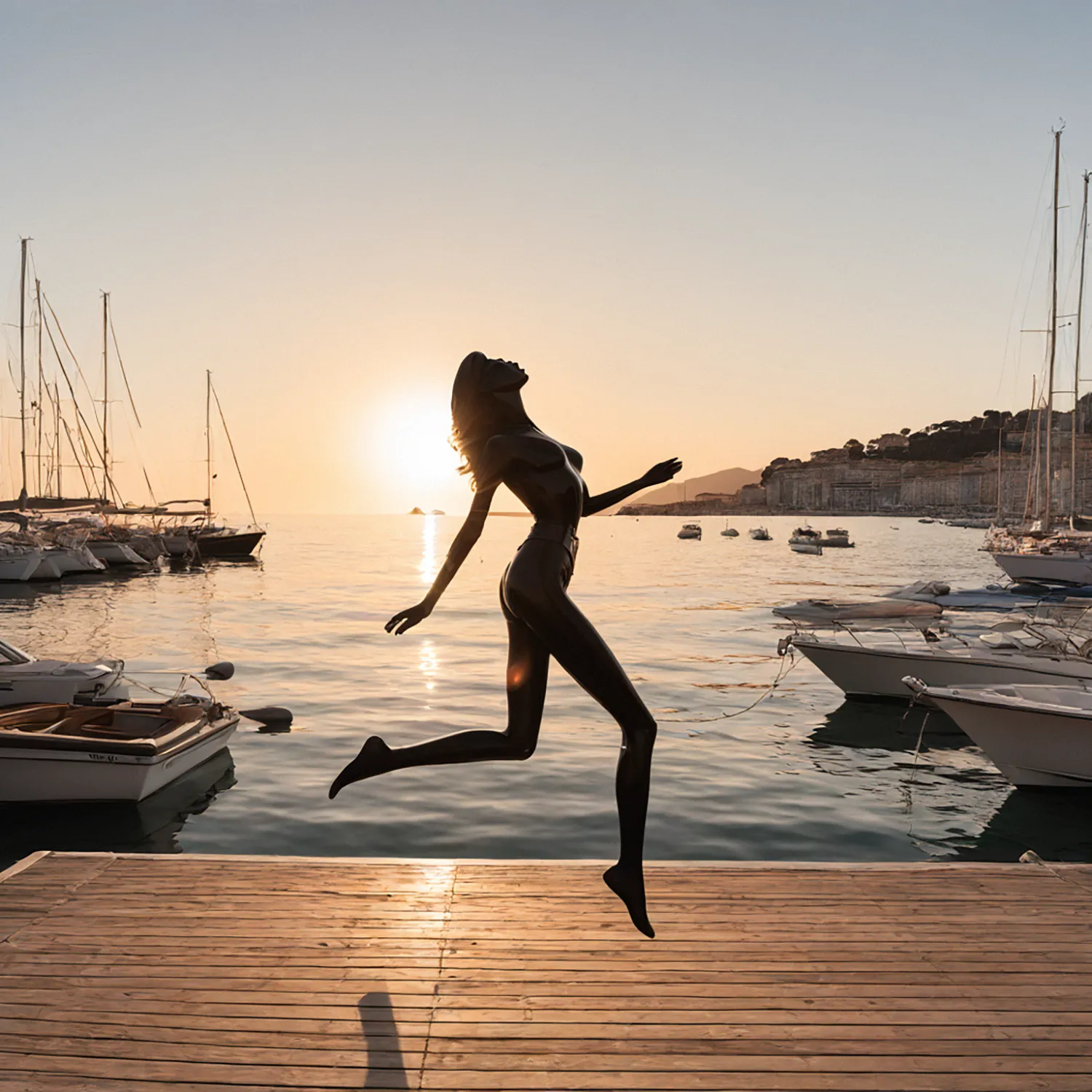 In the golden hues of a Cannes sunset, a woman leaps with joyful abandon on a weathered dock, her silhouette etched against the fiery sky. With each graceful jump, she defies gravity, her laughter echoing across the tranquil waters of the Mediterranean Sea. As the sun dips below the horizon, casting a warm glow over the iconic Croisette, the woman’s exuberance becomes a beacon of light in the fading day. Spectators along the promenade pause in awe, their hearts lifted by the infectious energy of her leaps and the breathtaking beauty of the Cannes sunset. In this fleeting moment of pure bliss, the woman embodies the spirit of joy and freedom that permeates the timeless allure of the French Riviera.