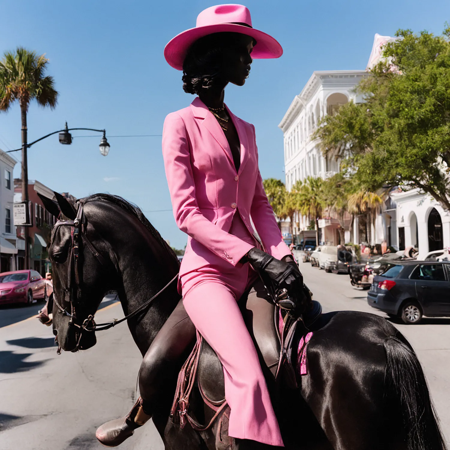 In the charming streets of Charleston, where the whispers of history mingle with the soft rustle of palmetto trees, a woman sits astride a majestic horse, their presence a striking contrast against the backdrop of antebellum architecture. With each gentle trot, the rhythmic clip-clop of hooves echoes through the cobblestone streets, blending seamlessly with the city's timeless charm. As the sun casts its warm embrace over the historic district, the woman and her equine companion become a captivating sight, embodying the elegance and grace of Charleston's storied past. Passersby pause in admiration, their hearts lifted by the enchanting spectacle of beauty and tranquility that unfolds beneath the Southern sun.