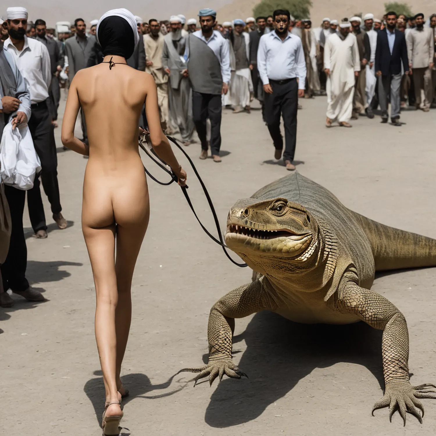 In the dusty streets of Kabul, a woman strides confidently down the sandy road, her gaze fixed ahead as she approaches a group of curious onlookers. By her side, a giant prehistoric lizard is tethered to a leash, its scaled form an imposing presence beside her. Despite the unusual sight, the woman exudes an air of calm determination, her poise unwavering as she navigates the bustling thoroughfare. As whispers ripple through the crowd, she becomes a beacon of boldness and intrigue, her fearless spirit a testament to the resilience and daring spirit of Kabul's streets.