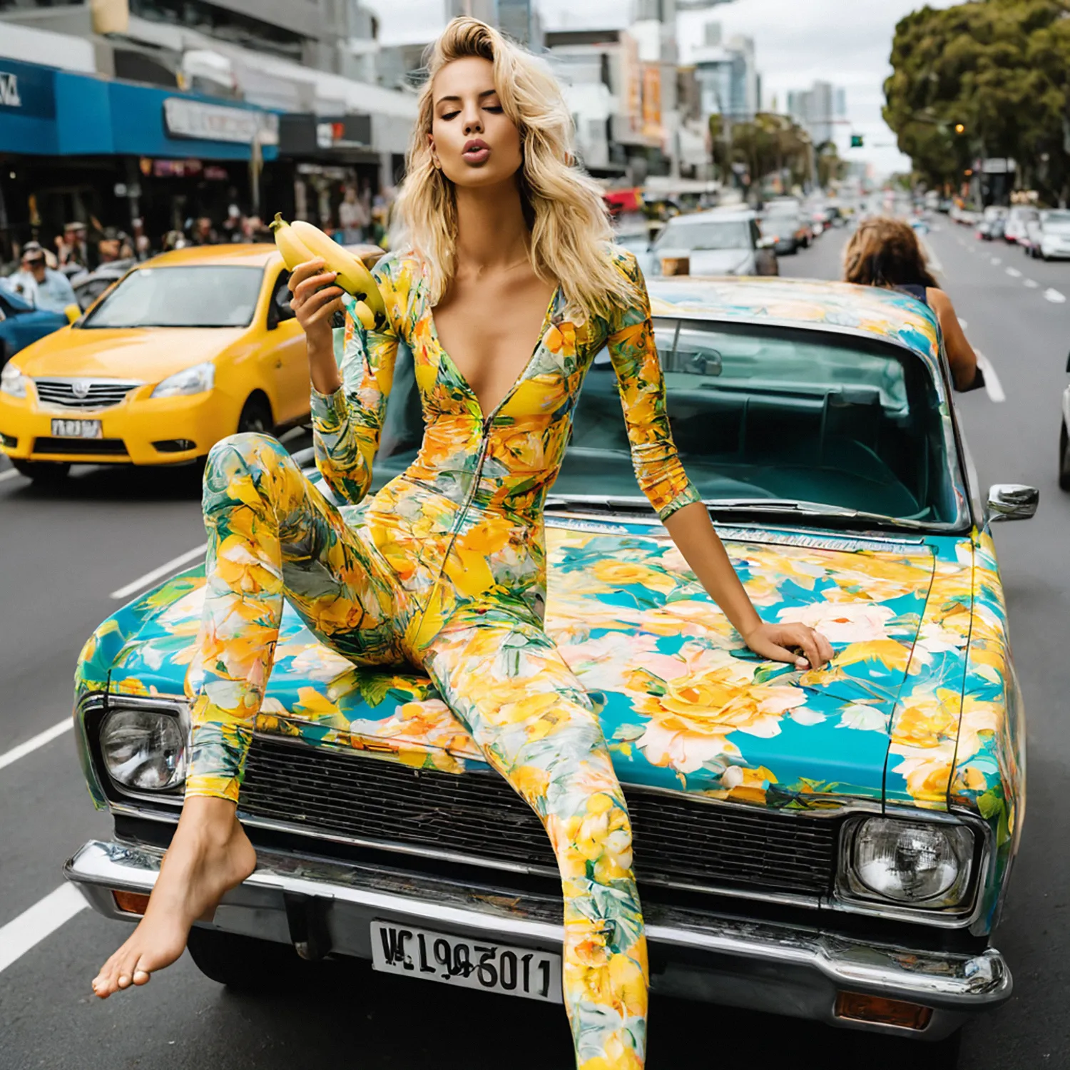 Amidst the vibrant streets of Melbourne, a woman perches atop a vintage car, its retro charm adding to the eclectic energy of the city. Bathed in the warm daylight, she savors a ripe banana with a carefree grin, the sweet aroma mingling with the bustling sounds of urban life. Passersby pause to admire the unexpected scene, captivated by the woman's effortless elegance and the whimsical juxtaposition of the vintage car and modern-day snack. In this moment of simple indulgence amidst the hustle and bustle of Melbourne's streets, the woman embodies a sense of timeless charm and joie de vivre that is quintessentially Melbourne.
