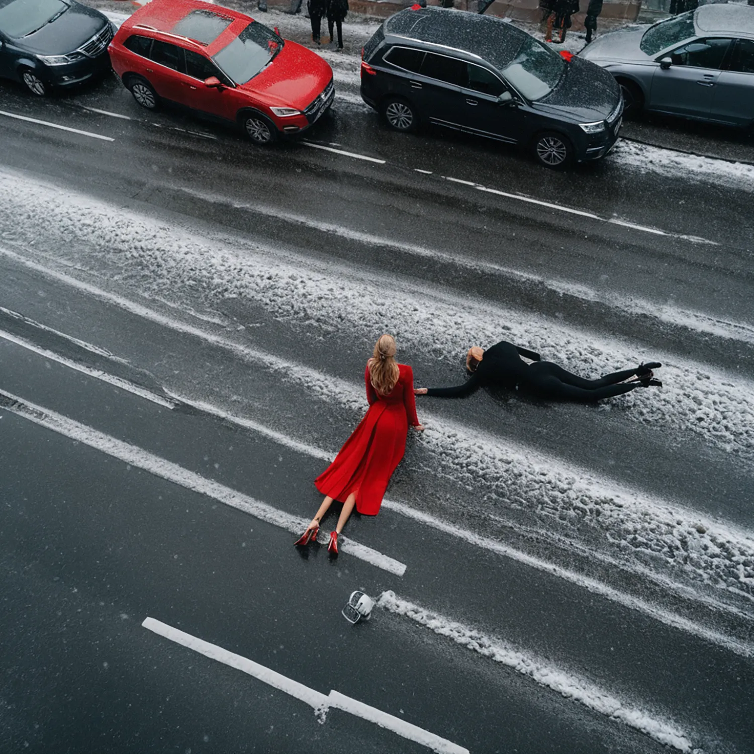 In the heart of Copenhagen, where the winter air is crisp and the streets are blanketed in a soft layer of snow, two women lie side by side on the deserted street, their figures forming graceful silhouettes against the pristine white backdrop. With their breath creating delicate wisps of vapor in the chilly air, they find solace in the quiet beauty of the winter landscape. As they gaze up at the cloudy sky, sharing whispered secrets and laughter, a sense of camaraderie envelops them, binding them together in a moment of shared intimacy amidst the serene stillness of the snow-covered city. Passersby, though scarce in the wintry weather, pause in admiration at the enchanting sight of the two women, their presence adding a touch of warmth and humanity to the frosty streets of Copenhagen.