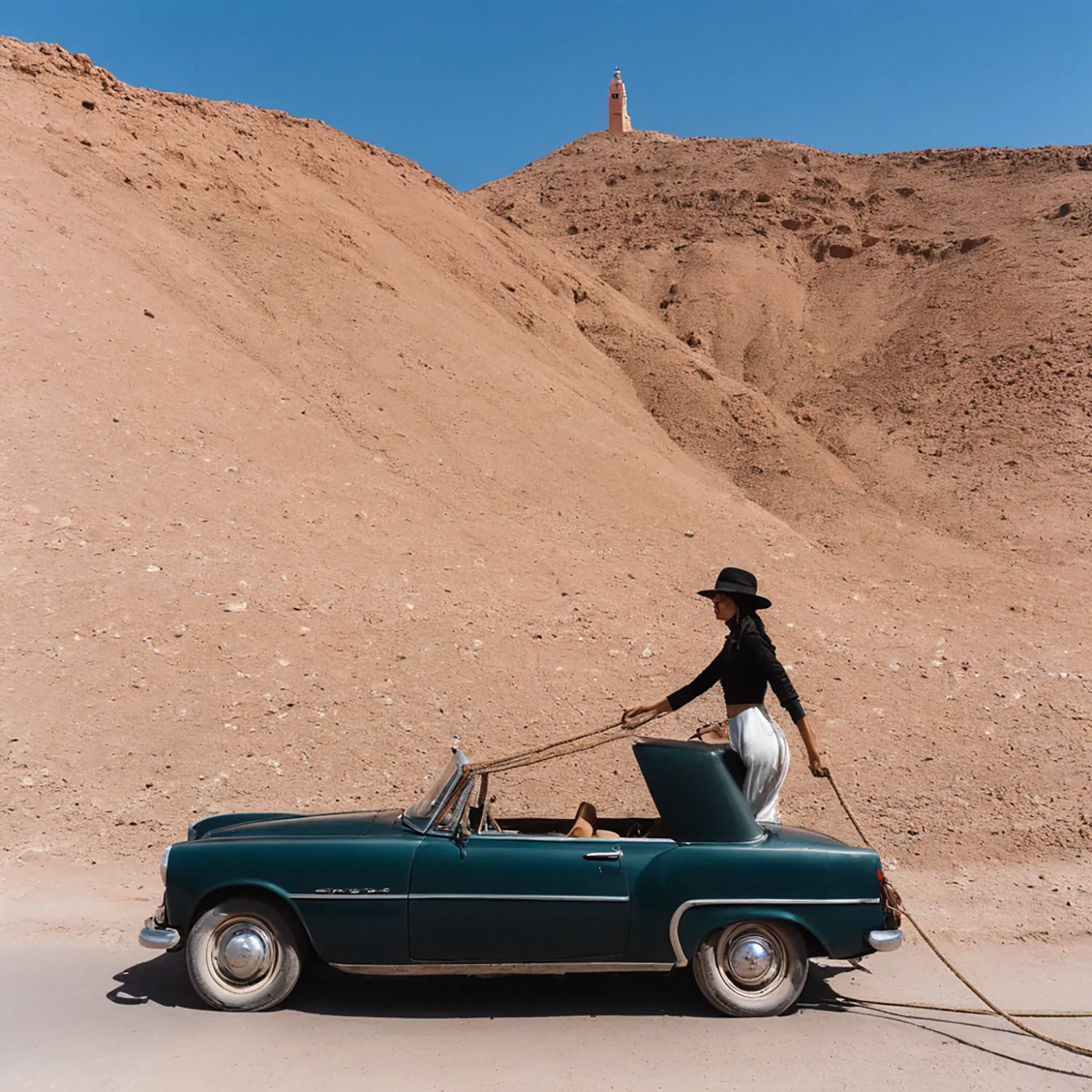 In the vibrant streets of Marrakech, amidst the bustling marketplace and ancient architecture, a woman sets to work attaching a rope to an old car under the warm midday sun. Behind her, a towering dirt hill looms, its rugged contours casting a dramatic backdrop against the scene. With determination etched on her face, she expertly secures the rope, her movements purposeful and confident. As the dusty air swirls around her, mingling with the scents of spices and the sounds of the bustling souks, the woman's industrious spirit serves as a testament to the resilience and resourcefulness of Marrakech's inhabitants. In this moment of gritty urban beauty, she becomes a symbol of perseverance, her efforts a vital thread in the vibrant tapestry of life in Marrakech.