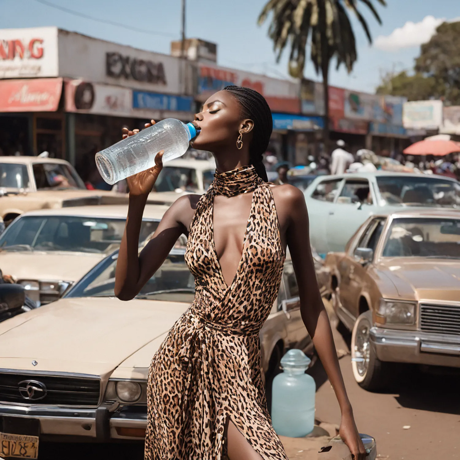 On a scorching day in Harare, where the sun beats down relentlessly, a woman finds respite in a simple act: drinking from a water bottle. With beads of sweat glistening on her skin and the heat shimmering in the air, she takes a refreshing sip, her expression one of relief. Behind her, cars blur by, their engines humming in the sweltering heat as they navigate the bustling streets. As she quenches her thirst, the woman embodies a moment of calm amidst the frenetic energy of the city, a testament to the importance of self-care in the midst of the relentless African sun.