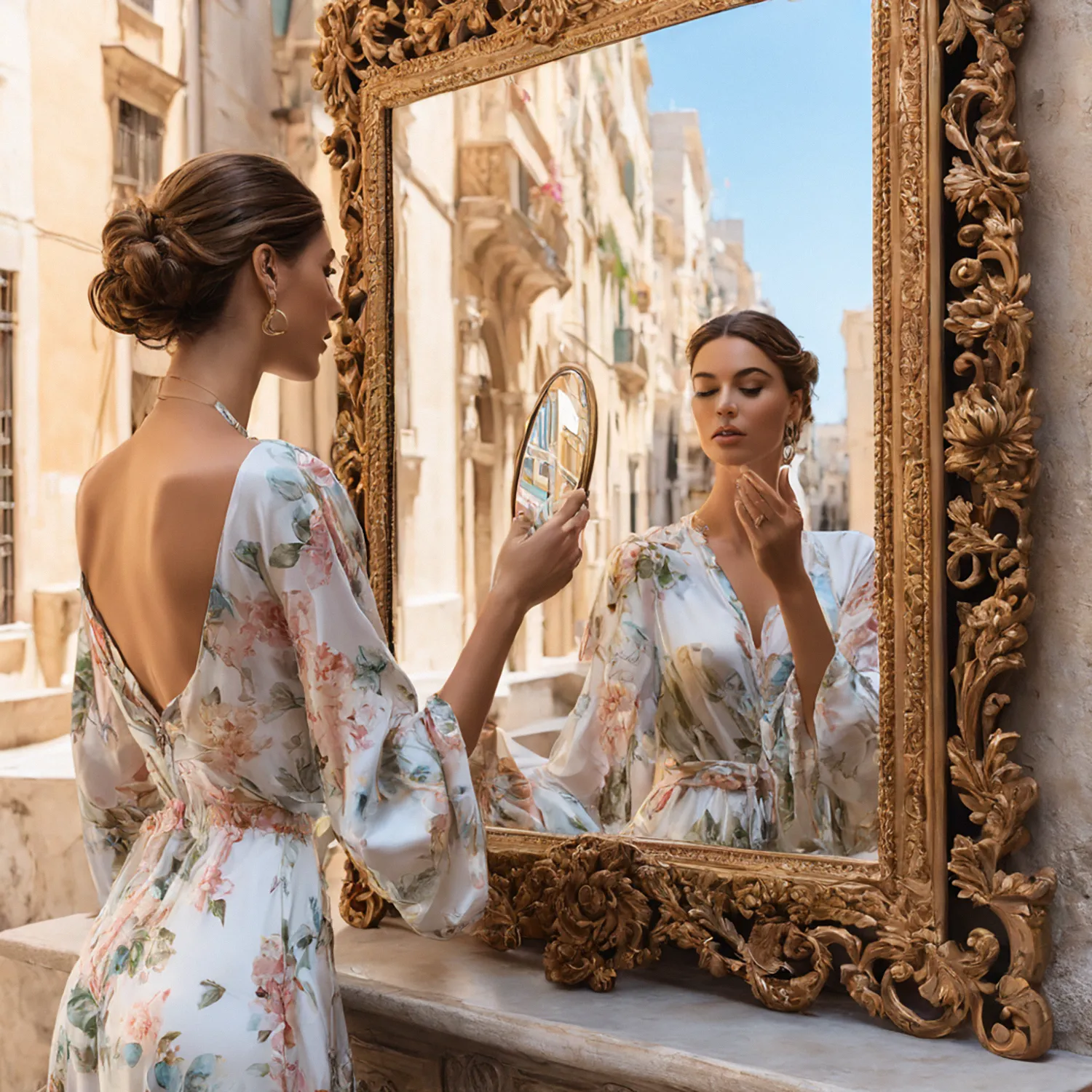 In the heart of Valletta, the sun bathes the ancient city in a golden hue, casting long shadows that dance along the cobblestone streets. Amidst the timeless beauty of the architecture, a woman stands poised before a large mirror, her reflection merging with the enchanting surroundings. With delicate grace, she holds a handheld mirror, capturing fragments of the world around her in its polished surface. As she gazes into the mirrors, she sees not only her own image but also the rich tapestry of life unfolding in the historic streets of Valletta. With each passing moment, she becomes a part of the intricate mosaic of the city, her presence adding another layer to its timeless allure.