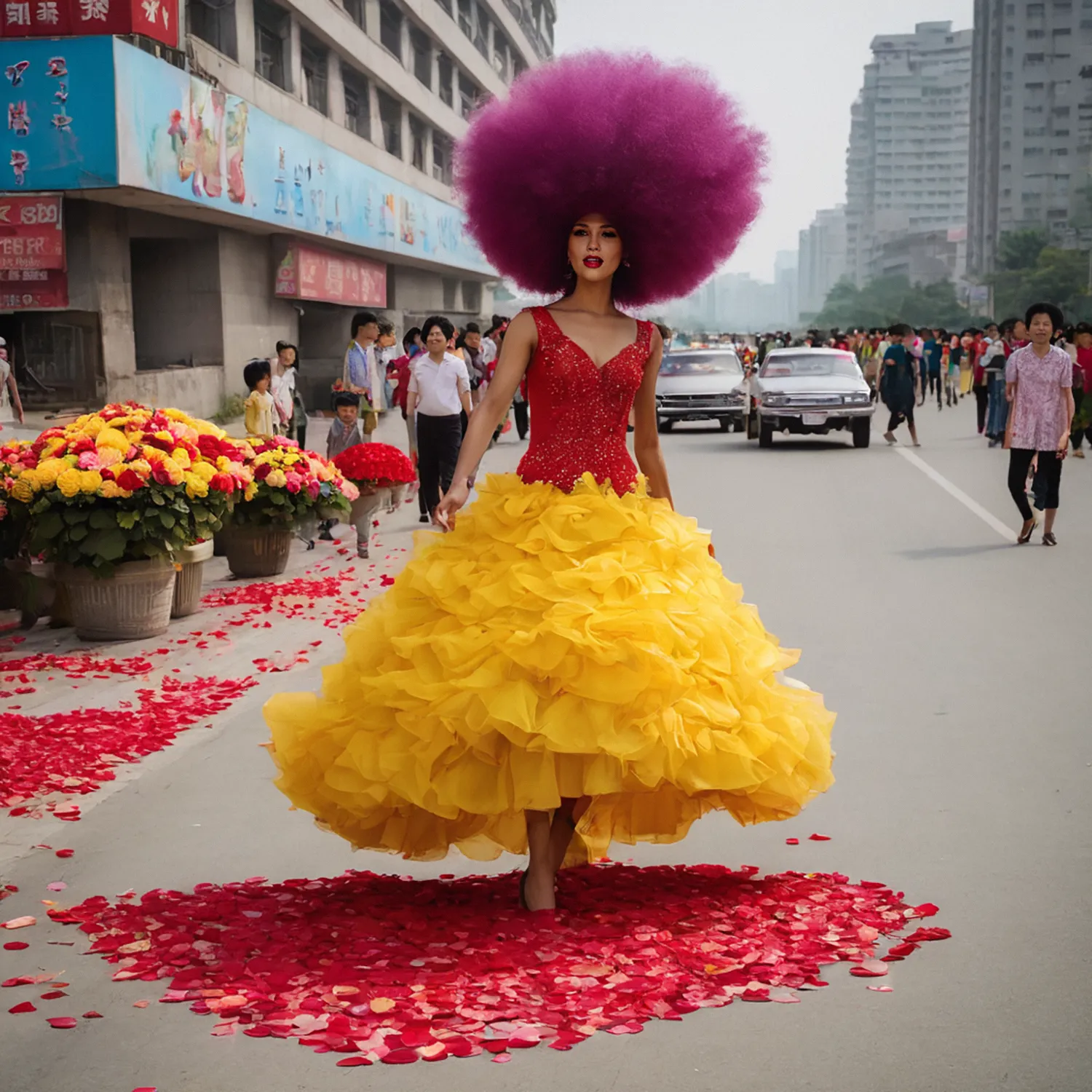 In the bustling streets of Pyongyang, amidst the orderly flow of pedestrians and vehicles, a woman stands out like a vibrant blossom in a concrete garden. Her exuberant skirt sways with each confident step, matching the rhythm of her spirited stride. Atop her head, a towering mane of purple hair defies gravity, commanding attention from passersby. Despite the stern facades of the surrounding buildings, her colorful presence infuses the scene with an unexpected burst of joy, painting the city with hues of daring individuality amidst its regimented landscape.