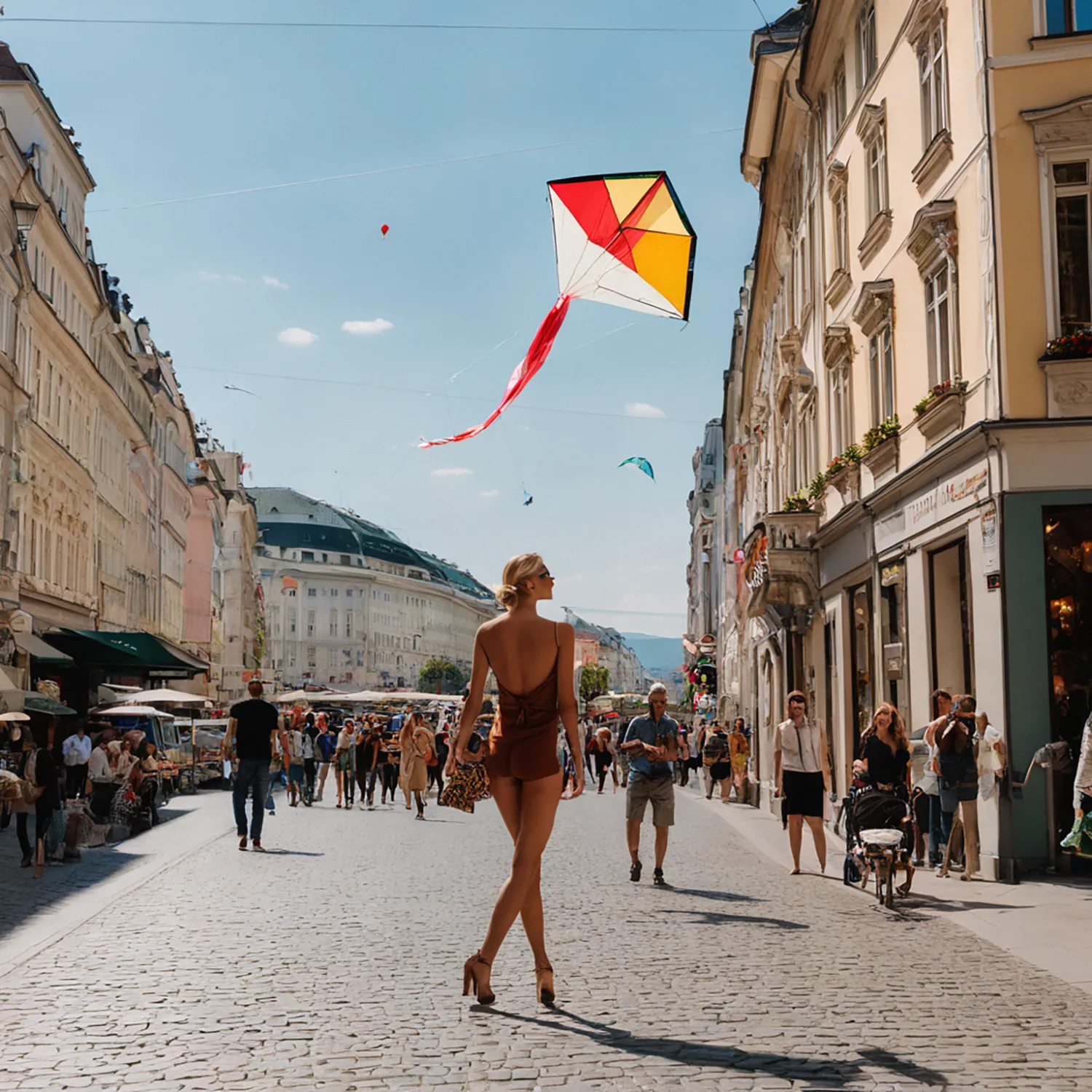 In the heart of Vienna, amidst the timeless charm of cobblestone streets, a woman strolls leisurely, her footsteps echoing against the historic facades. Above her, a colorful kite dances playfully in the midday breeze, casting fleeting shadows on the sun-kissed pavement. With each step, she absorbs the enchanting melody of the city, feeling the rhythm of its vibrant energy pulsating through her veins. Against the backdrop of ornate architecture and bustling cafes, she embraces the simple joy of the moment, savoring the timeless allure of Vienna's storied streets.