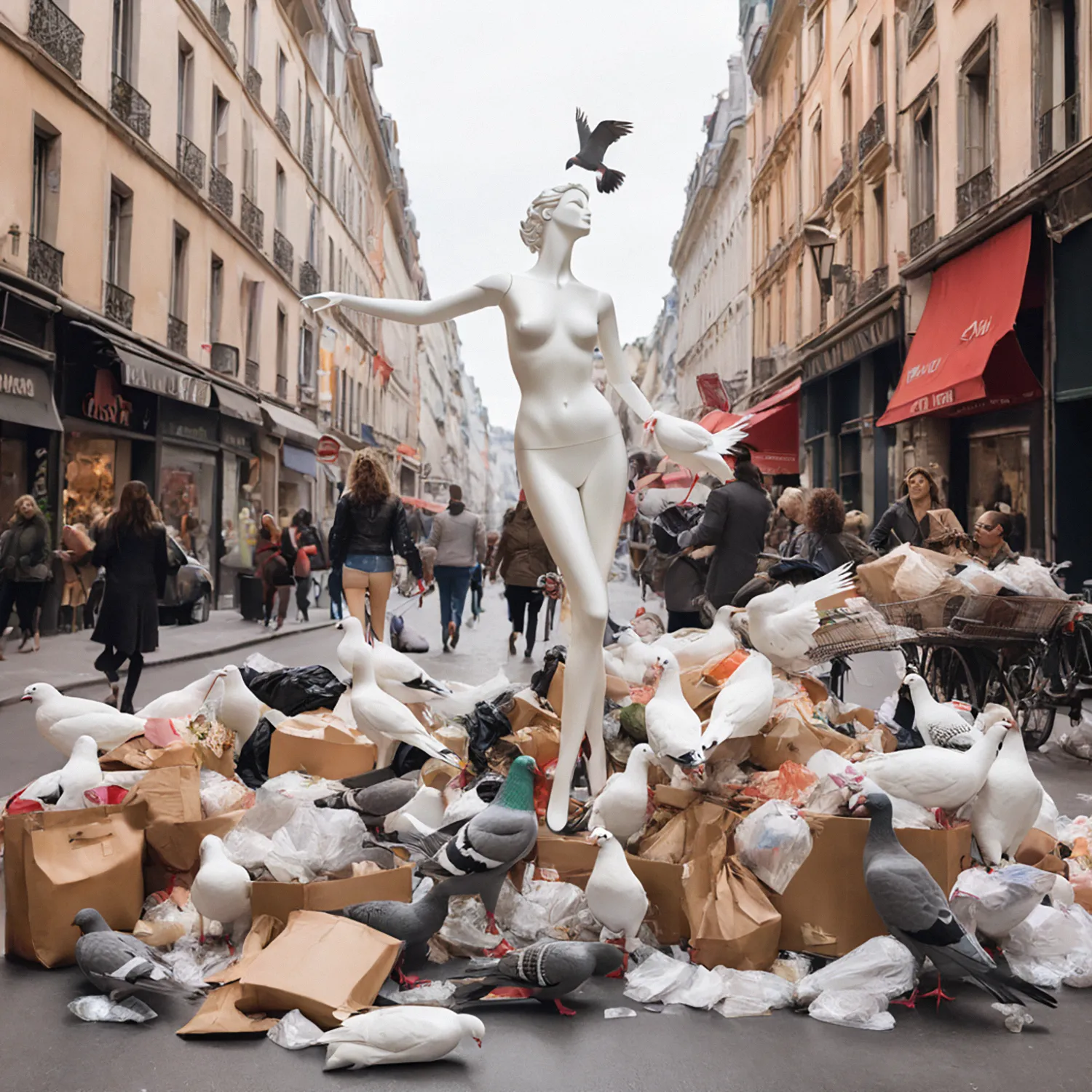 In the heart of Lyon, a woman strikes a pose atop a heap of garbage strewn across the city street, her presence an unexpected juxtaposition against the urban decay. With graceful poise, she navigates the refuse beneath her feet, her gaze fixed on the distant horizon with unwavering determination. As birds flock around her, their wings beating a symphony of life amidst the chaos, she embodies a spirit of resilience and beauty in the face of adversity. Against the backdrop of the bustling cityscape, the woman's unconventional stage becomes a canvas for her strength and grace, a reminder that even in the most unlikely of places, beauty can still be found.