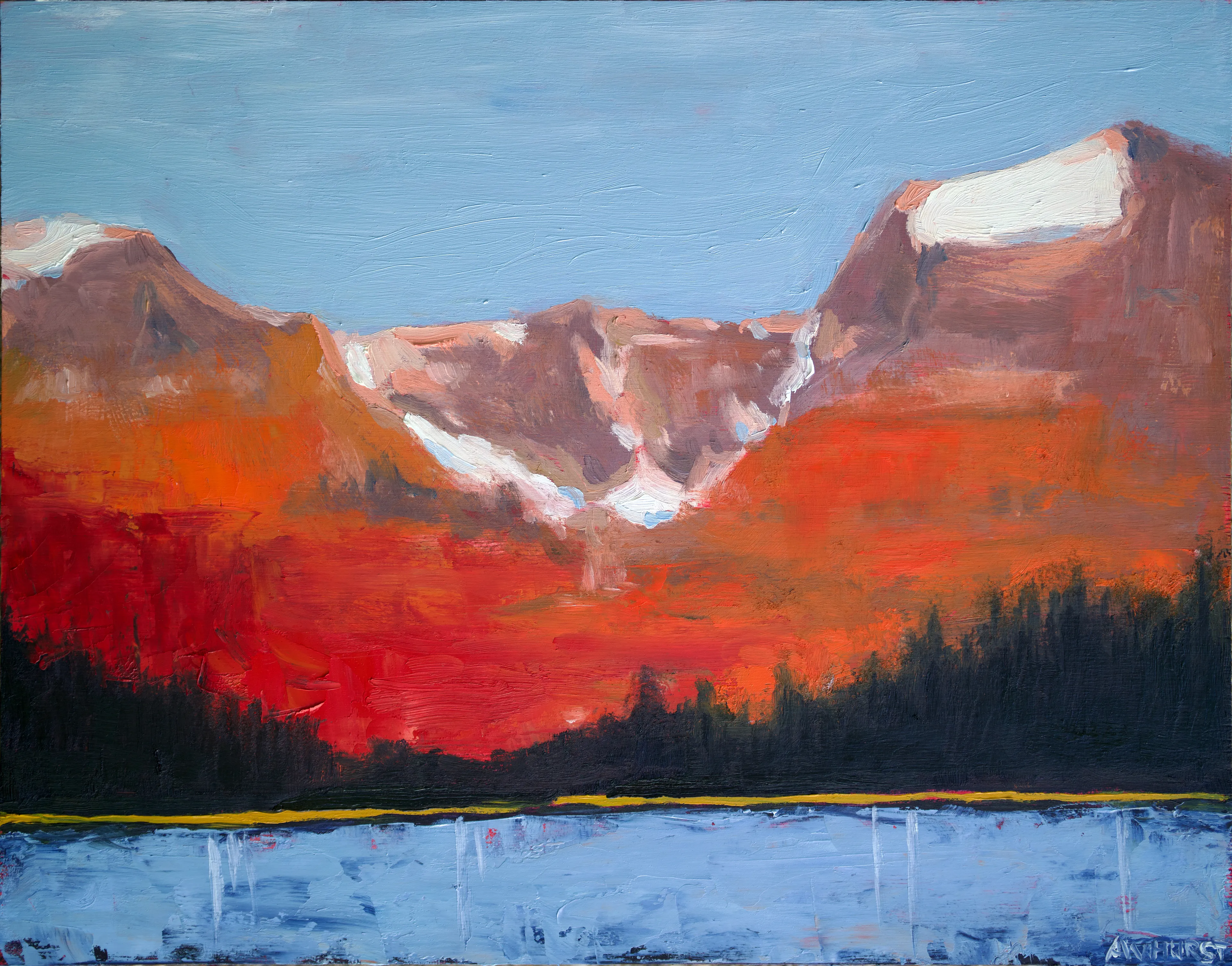 Mountains touch the sky  
Sculpted horizons arise  
Nature's majesty.

--  
reAImagined, repAInted, renAIssance

Digital art in this series was created by a process years in the making.

Original oil painting, painted by myself in the last decade - hybridized using Midjourney and repainted as oil on board 11'x14' reimagined pieces. Digitized and preserved for all posterity on the blockchain.

This image was created by awhurst.