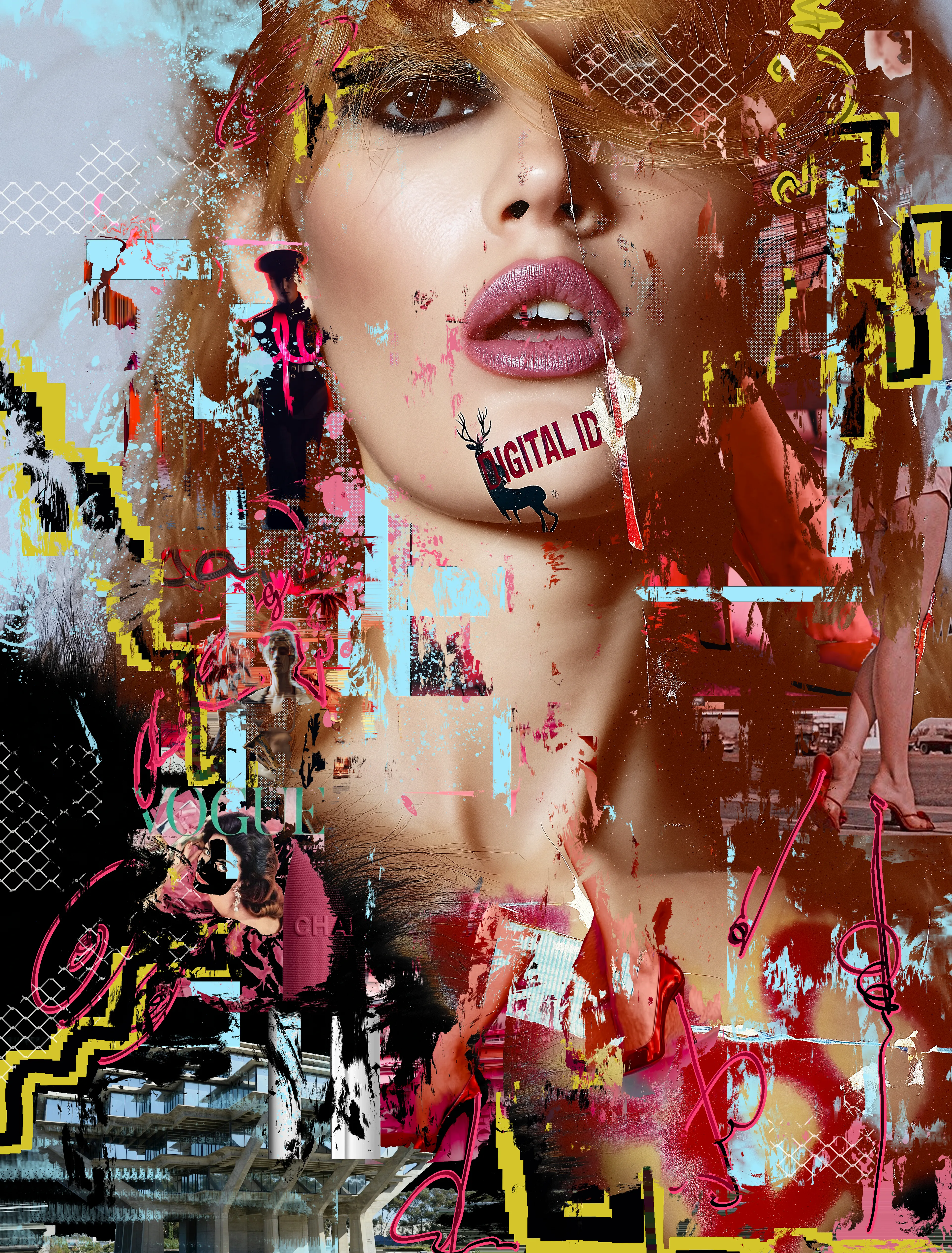 A fractured portrait of beauty under surveillance.  
The glamour of glossy lips and fashion-magazine skin collides with neon glitches, data scars, and fragments of consumer culture. The tattooed stag bearing the words Digital ID marks the body as territory of the state and the market alike — a face as database, a mouth as portal.

The collage moves between desire and control: Vogue covers bleed into CCTV shadows, high heels dissolve into static, fragments of brutalist architecture intrude on intimate flesh. Here, beauty is no longer just gazed upon; it is scanned, coded, and fed into systems larger than itself.

Digital Glamour ID is both seduction and warning — a meditation on identity in an age where luxury is inseparable from surveillance, and every gesture of style is also a gesture of data.
