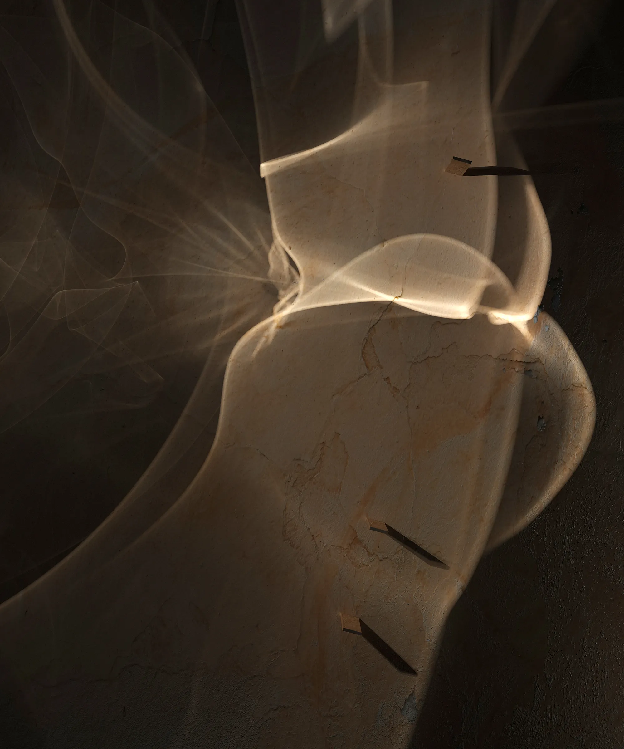 This artwork, generated through 3D software, represents a meticulous experimentation with the bending and deforming of light, the light deformed by a transparent object, and the emotional effects it provides. For this artwork, I reduced objects and volumes to the minimum possible, and let the light to be protagonist. Light is distorted, refracted and bent, and this deformed version of light interacts with the space around- revealing it and some sense also deforming it.

NFT resolution: 2000 x 2400 pixeles
Signed physical print: 100 x 120 cm (39,3 x 47,2 inch). Claimable by the NFT holder. Contact the artist for more information.