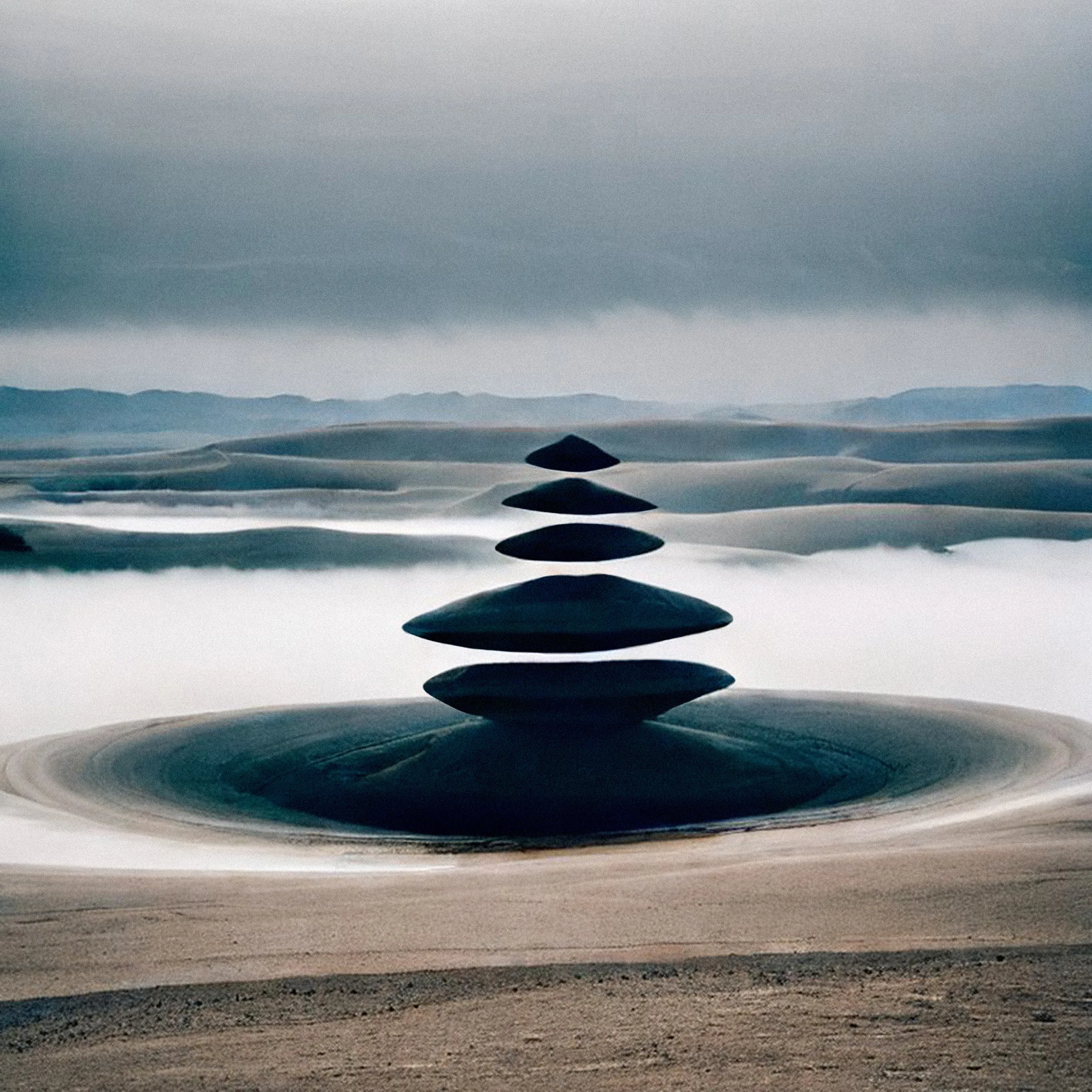 Like a dream unfolding in broad daylight, this second part rises; like a tower of sand and light, ephemeral and solid at the same time. A myth brought from the past and a reflection of the future. A bond beyond time, a memory of a place we never inhabited, yet that is always present.

In these visions, the energies of the universe condense and dissipate in a single gesture. Artificial intelligence becomes an eye of time, intertwining cosmic memory with human consciousness.

The primordial stones of the first part, with their millennial strength, transmute into impossible monolithic structures, forms unique to a territory where the tangible and the intangible converge.

Here, the sculptures cease to be static presences and become stages for the speculative. Each image is a moment of the impossible, an instant of metamorphosis where matter vibrates and merges with light.

The series opens onto a liminal space, where art becomes alchemy, myth is rediscovered, and the sculptures rise as bridges between ancestral memory and a possible future.