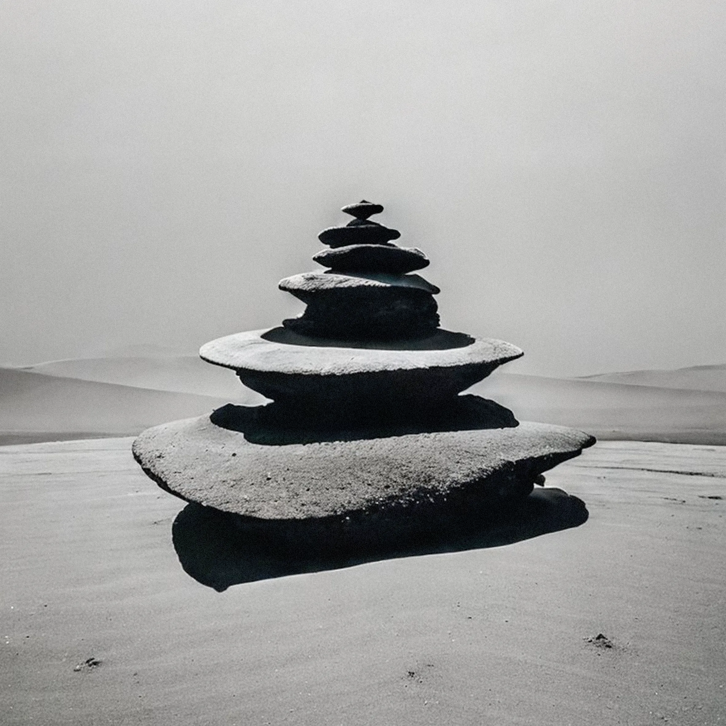 Like a dream unfolding in broad daylight, this second part rises; like a tower of sand and light, ephemeral and solid at the same time. A myth brought from the past and a reflection of the future. A bond beyond time, a memory of a place we never inhabited, yet that is always present.

In these visions, the energies of the universe condense and dissipate in a single gesture. Artificial intelligence becomes an eye of time, intertwining cosmic memory with human consciousness.

The primordial stones of the first part, with their millennial strength, transmute into impossible monolithic structures, forms unique to a territory where the tangible and the intangible converge.

Here, the sculptures cease to be static presences and become stages for the speculative. Each image is a moment of the impossible, an instant of metamorphosis where matter vibrates and merges with light.

The series opens onto a liminal space, where art becomes alchemy, myth is rediscovered, and the sculptures rise as bridges between ancestral memory and a possible future.