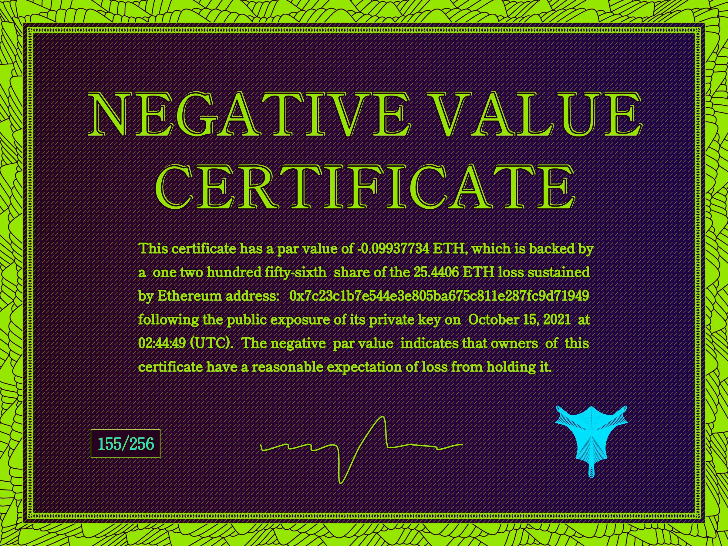 This certificate has a par value of -0.0993774 ETH, which is backed by a one two hundred fifty-sixth share of the 25.4406 ETH loss sustained by Ethereum address: 0x7c23c1b7e544e3e805ba675c811e287fc9d71949 following the public exposure of its private key on October 15, 2021 at 02:44:49 (UTC). The negative par value indicates that owners of this certificate have a reasonable expectation of loss from holding it. | License: CC BY-NC 4.0 | License: CC BY-NC 4.0