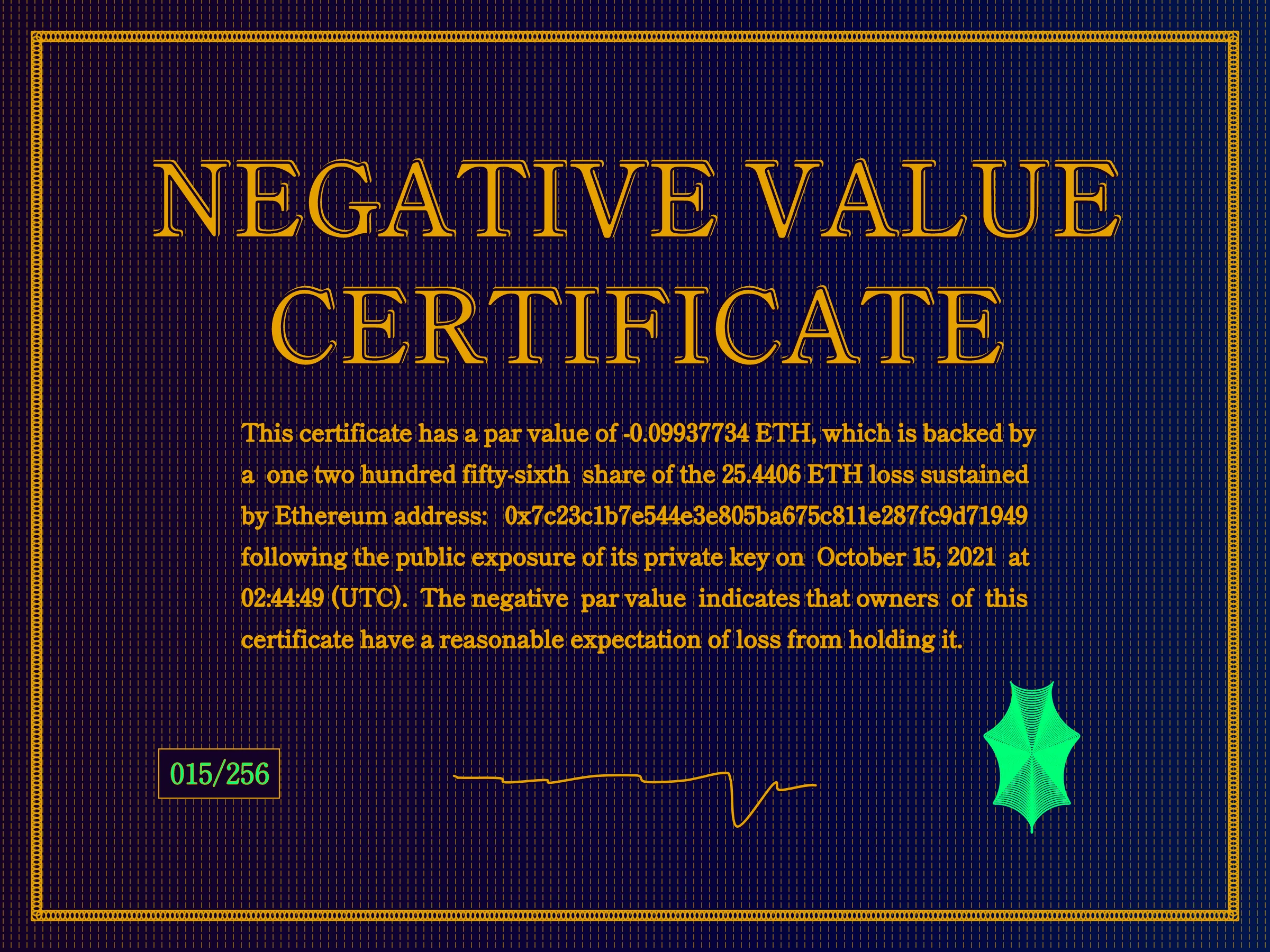 This certificate has a par value of -0.0993774 ETH, which is backed by a one two hundred fifty-sixth share of the 25.4406 ETH loss sustained by Ethereum address: 0x7c23c1b7e544e3e805ba675c811e287fc9d71949 following the public exposure of its private key on October 15, 2021 at 02:44:49 (UTC). The negative par value indicates that owners of this certificate have a reasonable expectation of loss from holding it. | License: CC BY-NC 4.0 | License: CC BY-NC 4.0