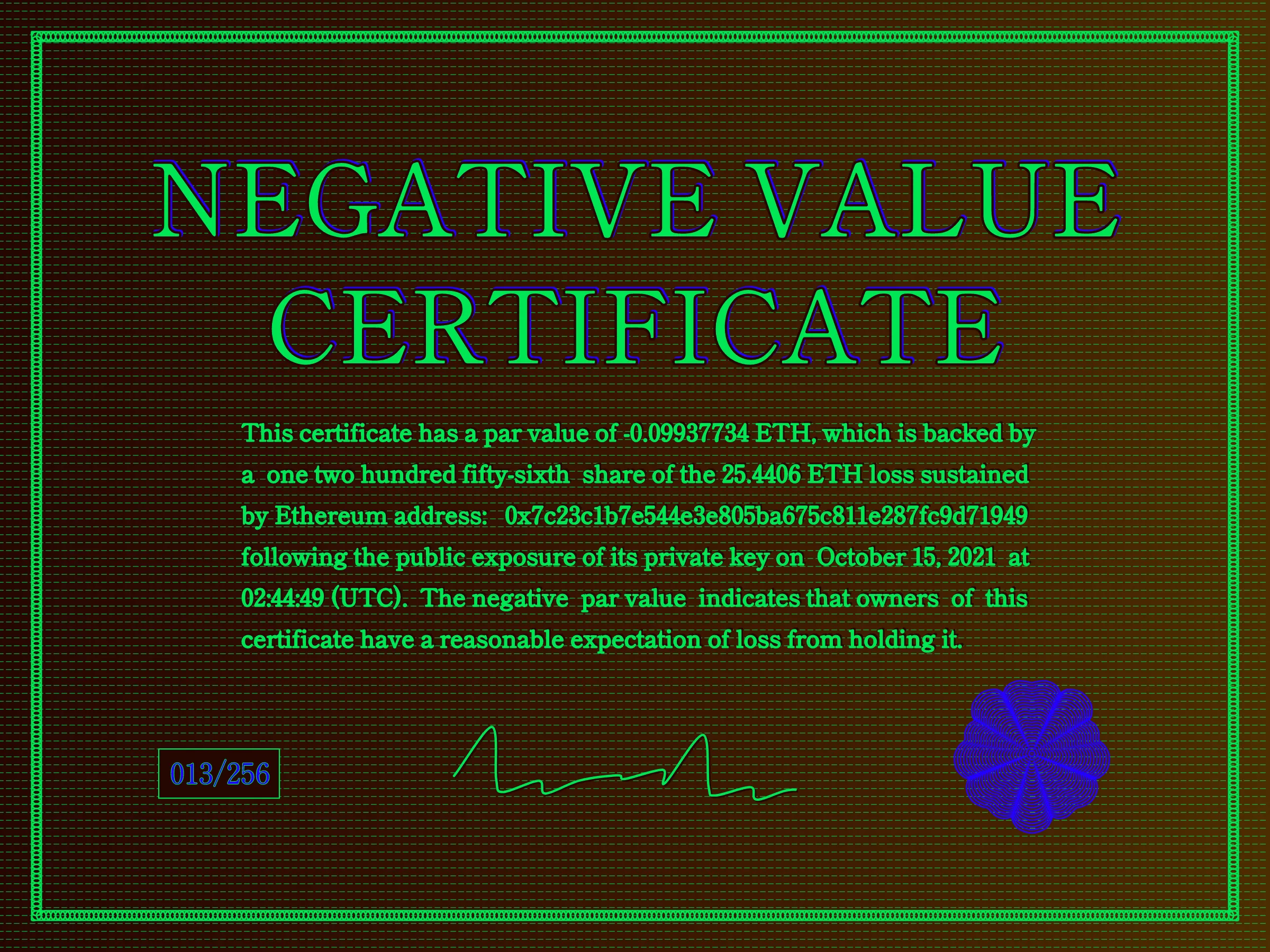 This certificate has a par value of -0.0993774 ETH, which is backed by a one two hundred fifty-sixth share of the 25.4406 ETH loss sustained by Ethereum address: 0x7c23c1b7e544e3e805ba675c811e287fc9d71949 following the public exposure of its private key on October 15, 2021 at 02:44:49 (UTC). The negative par value indicates that owners of this certificate have a reasonable expectation of loss from holding it. | License: CC BY-NC 4.0 | License: CC BY-NC 4.0