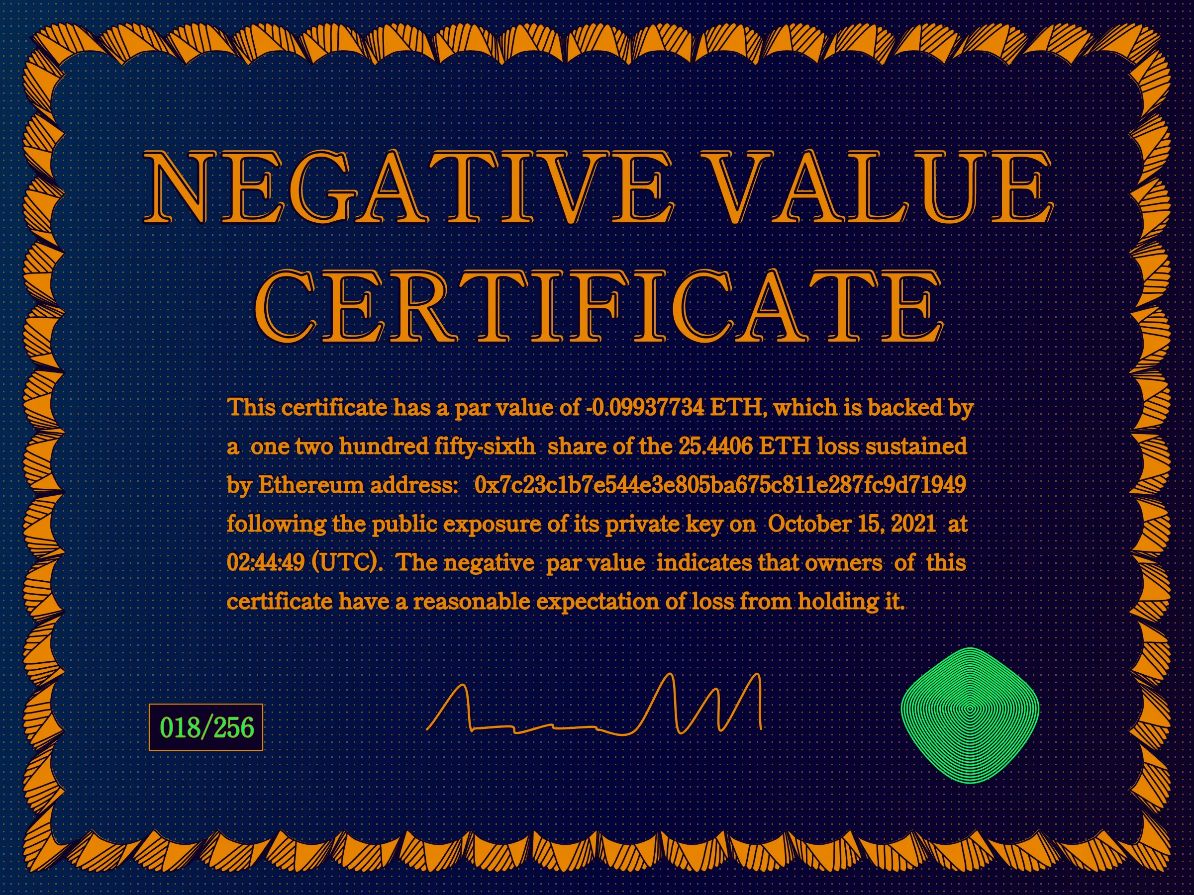 This certificate has a par value of -0.0993774 ETH, which is backed by a one two hundred fifty-sixth share of the 25.4406 ETH loss sustained by Ethereum address: 0x7c23c1b7e544e3e805ba675c811e287fc9d71949 following the public exposure of its private key on October 15, 2021 at 02:44:49 (UTC). The negative par value indicates that owners of this certificate have a reasonable expectation of loss from holding it. | License: CC BY-NC 4.0 | License: CC BY-NC 4.0