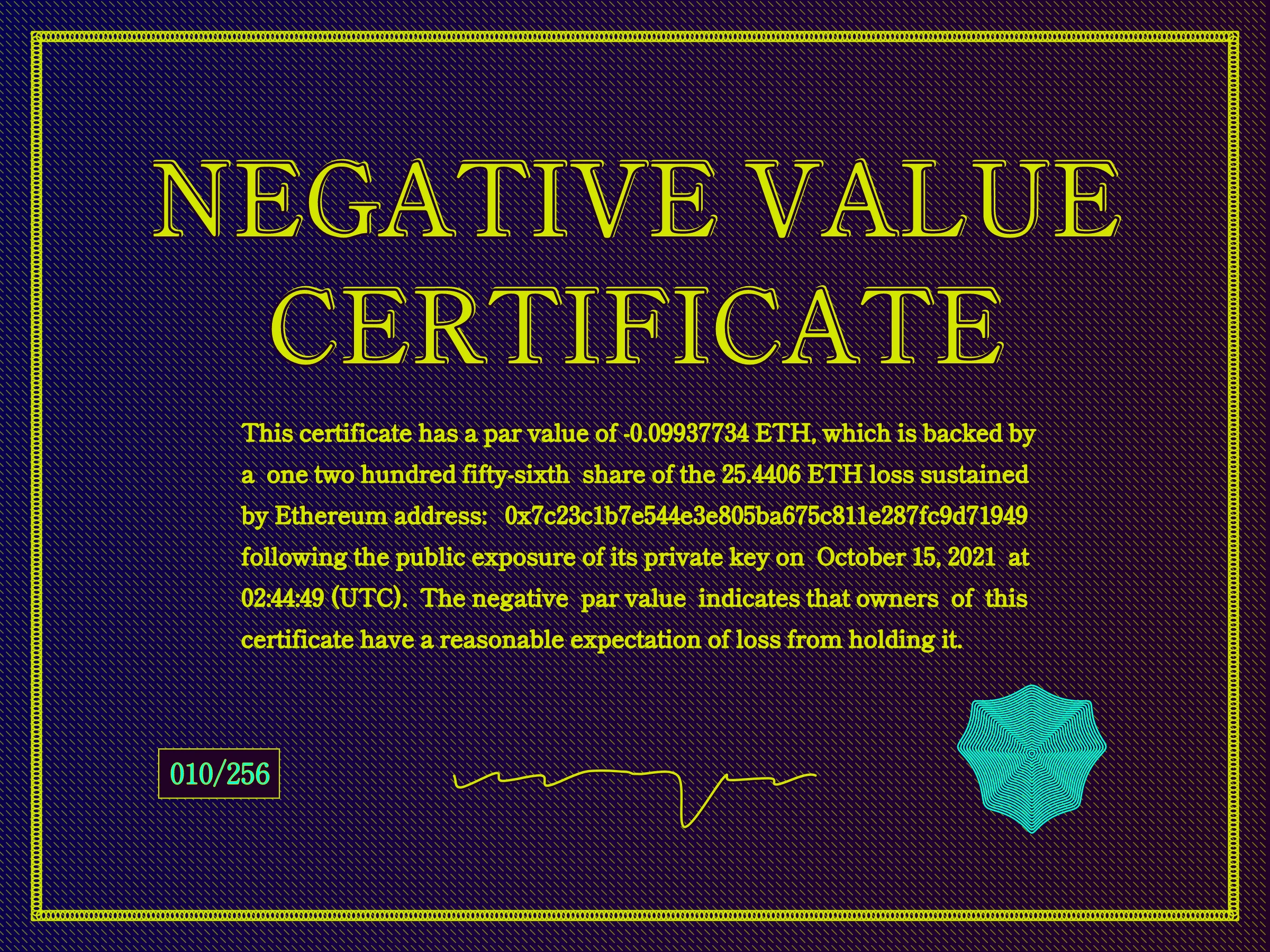 This certificate has a par value of -0.0993774 ETH, which is backed by a one two hundred fifty-sixth share of the 25.4406 ETH loss sustained by Ethereum address: 0x7c23c1b7e544e3e805ba675c811e287fc9d71949 following the public exposure of its private key on October 15, 2021 at 02:44:49 (UTC). The negative par value indicates that owners of this certificate have a reasonable expectation of loss from holding it. | License: CC BY-NC 4.0 | License: CC BY-NC 4.0