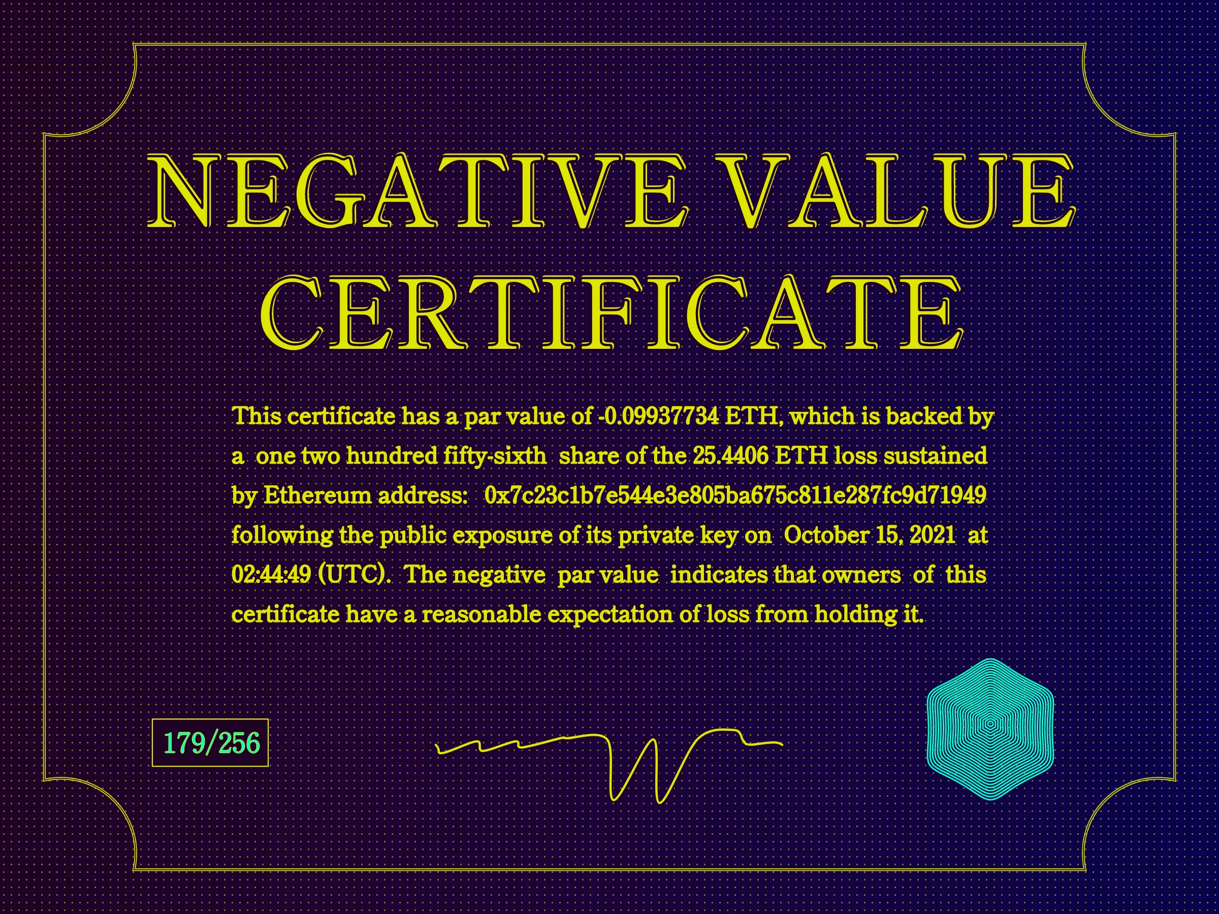 This certificate has a par value of -0.0993774 ETH, which is backed by a one two hundred fifty-sixth share of the 25.4406 ETH loss sustained by Ethereum address: 0x7c23c1b7e544e3e805ba675c811e287fc9d71949 following the public exposure of its private key on October 15, 2021 at 02:44:49 (UTC). The negative par value indicates that owners of this certificate have a reasonable expectation of loss from holding it. | License: CC BY-NC 4.0 | License: CC BY-NC 4.0