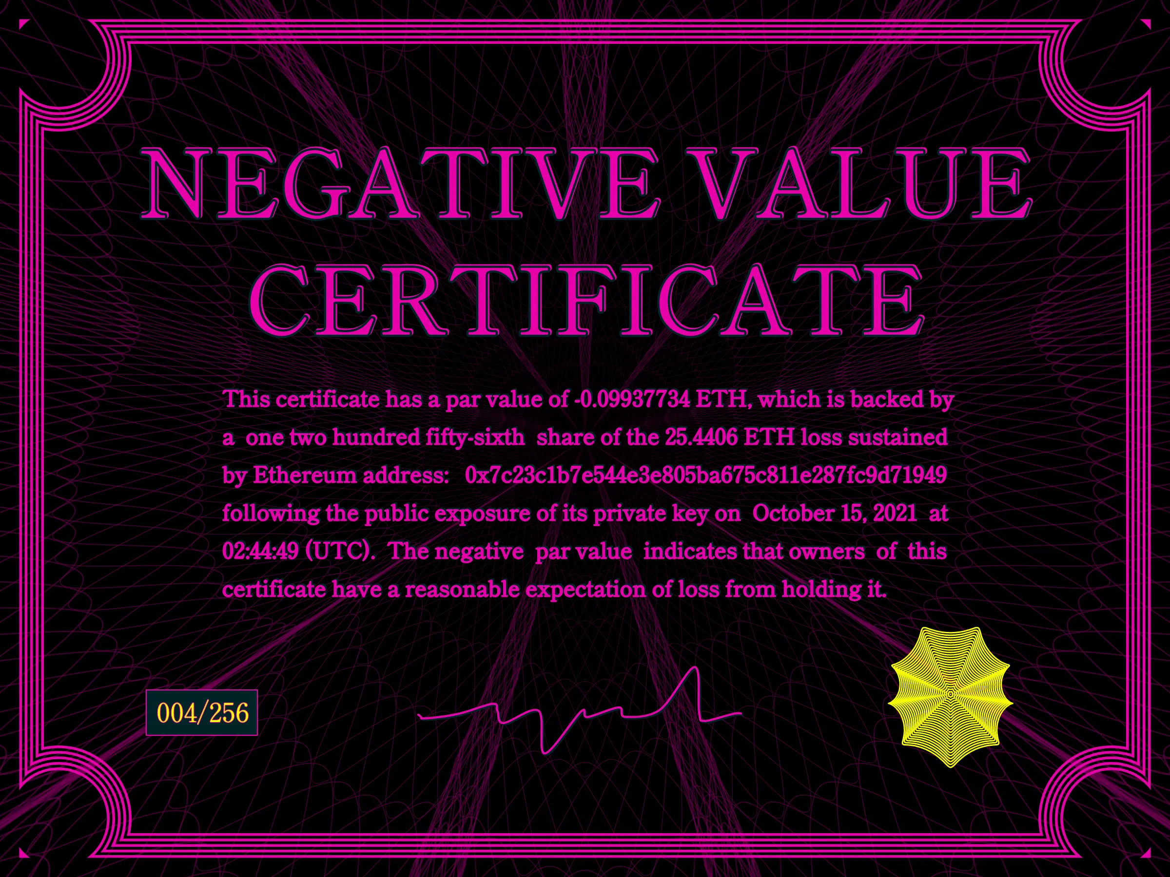 This certificate has a par value of -0.0993774 ETH, which is backed by a one two hundred fifty-sixth share of the 25.4406 ETH loss sustained by Ethereum address: 0x7c23c1b7e544e3e805ba675c811e287fc9d71949 following the public exposure of its private key on October 15, 2021 at 02:44:49 (UTC). The negative par value indicates that owners of this certificate have a reasonable expectation of loss from holding it. | License: CC BY-NC 4.0 | License: CC BY-NC 4.0