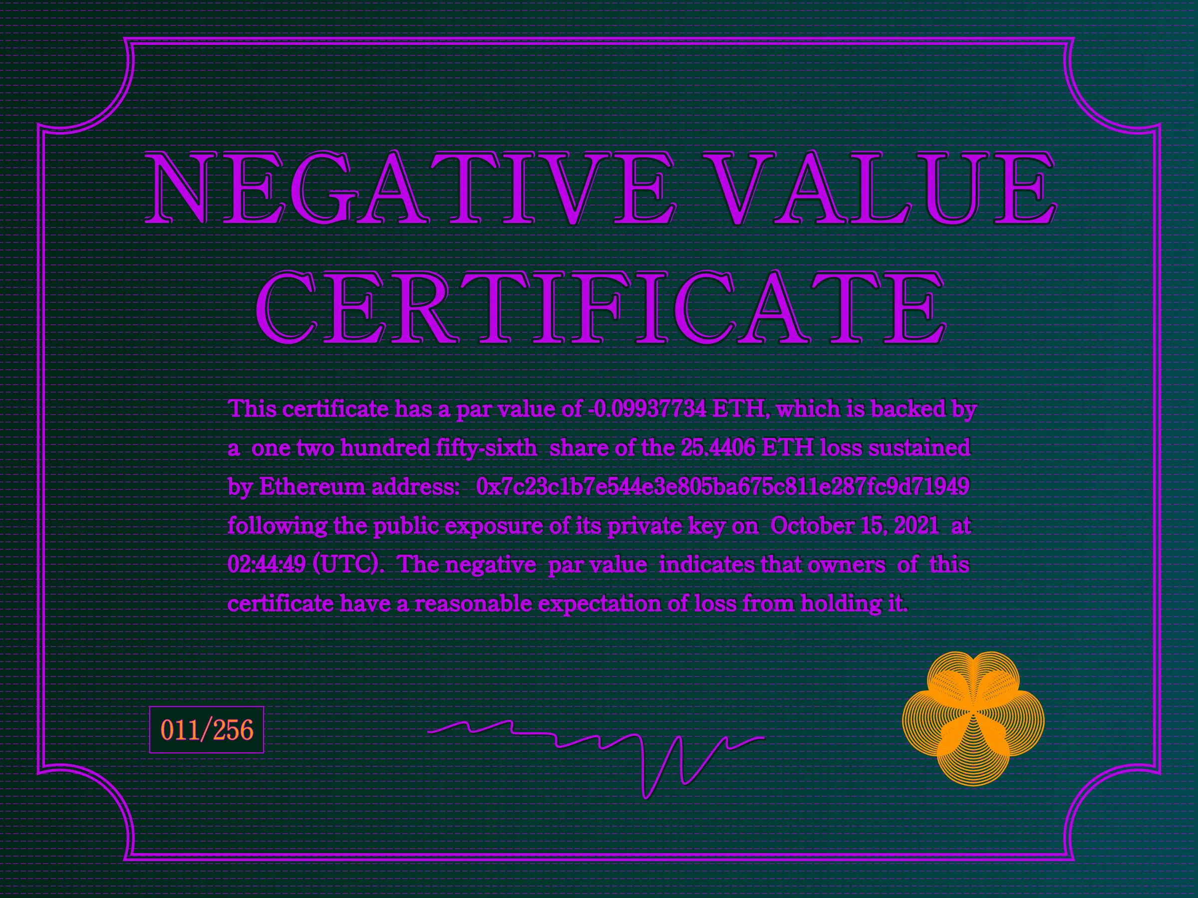 This certificate has a par value of -0.0993774 ETH, which is backed by a one two hundred fifty-sixth share of the 25.4406 ETH loss sustained by Ethereum address: 0x7c23c1b7e544e3e805ba675c811e287fc9d71949 following the public exposure of its private key on October 15, 2021 at 02:44:49 (UTC). The negative par value indicates that owners of this certificate have a reasonable expectation of loss from holding it. | License: CC BY-NC 4.0 | License: CC BY-NC 4.0