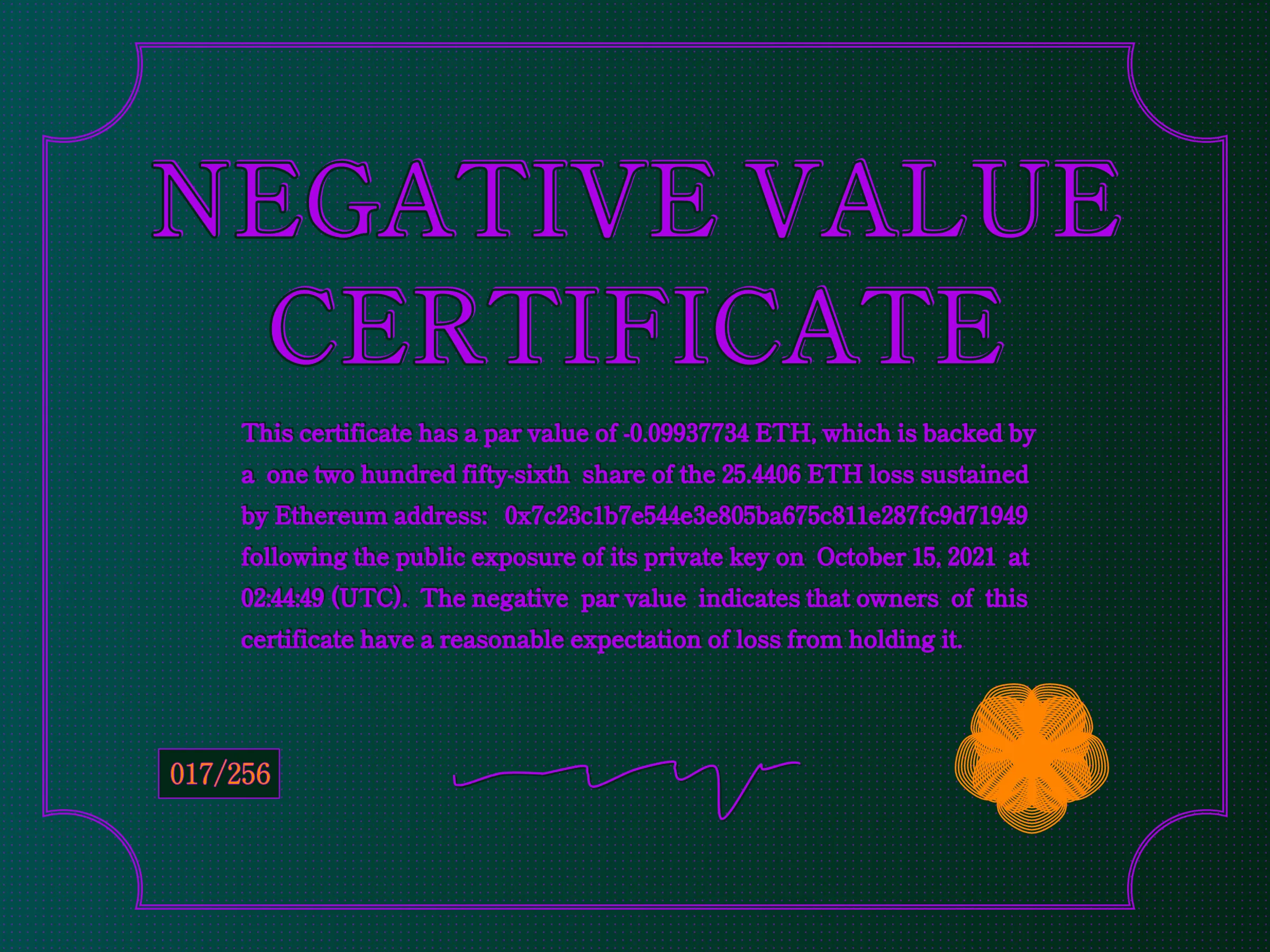 This certificate has a par value of -0.0993774 ETH, which is backed by a one two hundred fifty-sixth share of the 25.4406 ETH loss sustained by Ethereum address: 0x7c23c1b7e544e3e805ba675c811e287fc9d71949 following the public exposure of its private key on October 15, 2021 at 02:44:49 (UTC). The negative par value indicates that owners of this certificate have a reasonable expectation of loss from holding it. | License: CC BY-NC 4.0 | License: CC BY-NC 4.0