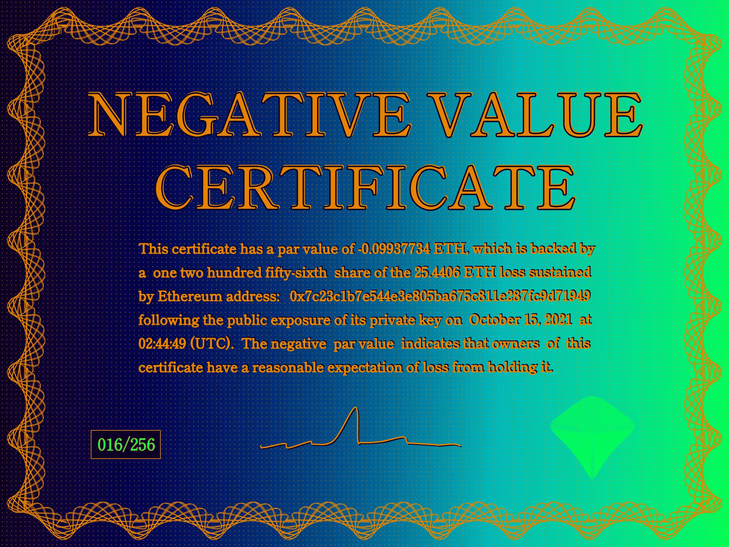 This certificate has a par value of -0.0993774 ETH, which is backed by a one two hundred fifty-sixth share of the 25.4406 ETH loss sustained by Ethereum address: 0x7c23c1b7e544e3e805ba675c811e287fc9d71949 following the public exposure of its private key on October 15, 2021 at 02:44:49 (UTC). The negative par value indicates that owners of this certificate have a reasonable expectation of loss from holding it. | License: CC BY-NC 4.0 | License: CC BY-NC 4.0