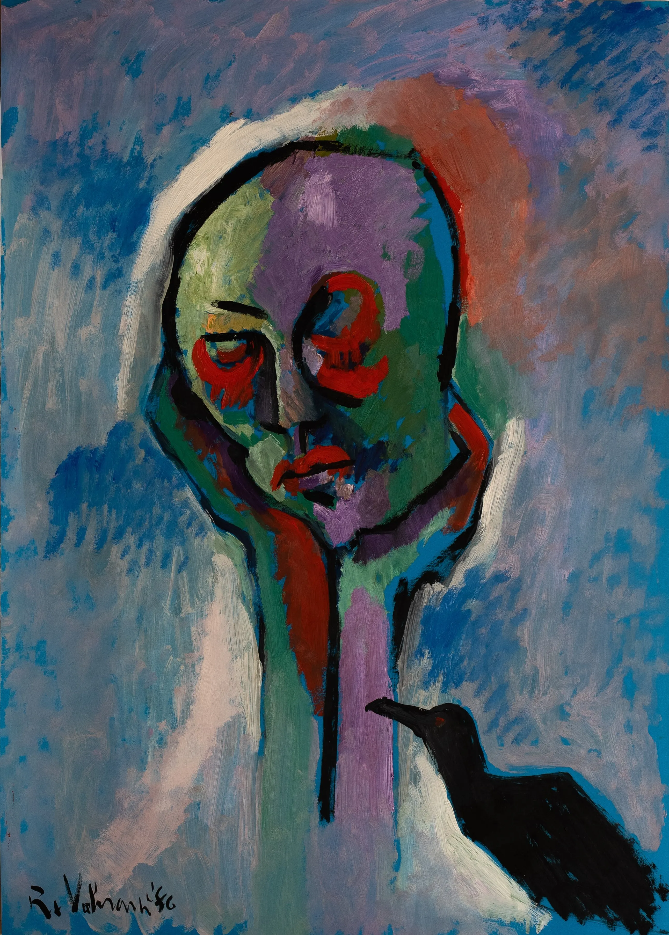 This artwork is an oil painting made in 1986, and it represents the despair in which an individual is drowning, following the untimely separation from a loved one. The figure of the raven is used as a vehicle to indicate that the origin of this separation is death, which can also be inferred from the subject's own stance, who's in the grip of severe despondency; the hues used to depict his complexion hint at the colors of a person who's now lifeless; the eyes, mouth and hands are surrounded by a bright red that indicates the violent nature of the death, which didn't happen due to natural causes but to an accident.