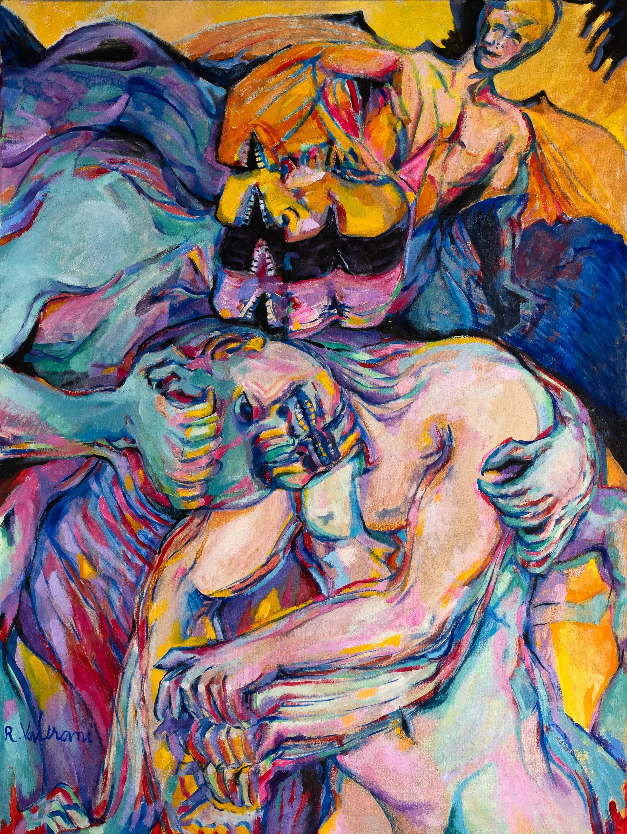 This artwork is inspired by the contrappasso inflicted on Count Ugolino, a historically existent character who also appears in Canto XXXII of "The Divine Comedy," the renowned poem composed by Dante Alighieri. The title of this artwork is taken from a verse in the above-mentioned Canto, the English translation of which is as follows: "His mouth uplifted from his grim repast".

Oil painting made in the 1980s and partially reworked in 2022.