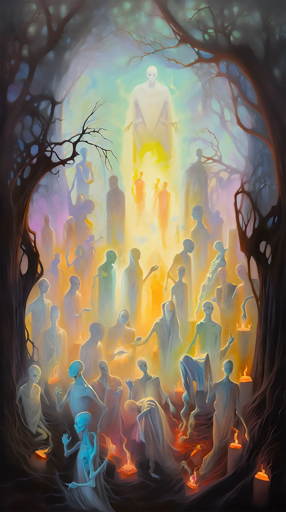 a vibrant and colorful art piece that depicts a cemetery filled with ethereal spirits. The spirits are depicted in various colors and shapes, creating a dream-like and otherworldly atmosphere. The use of bold and vivid colors adds to the mystical and surreal ambiance of the piece. It captures the idea that cemeteries are not just a place of mourning, but also a place where spirits gather and linger. This artwork was created for a contest where the only directions where to use three words: Soul, Tree and Glow.