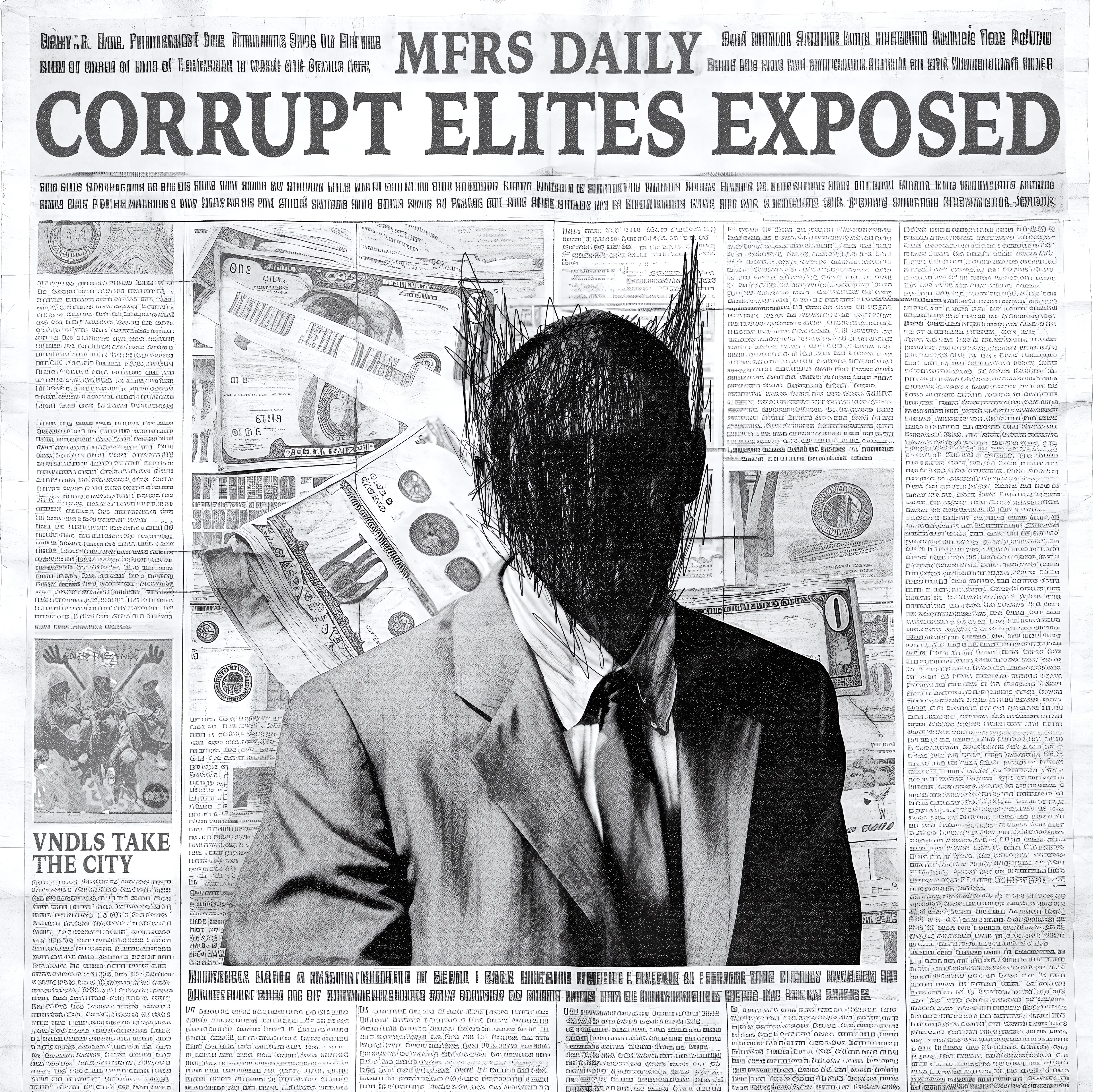 2/5  
"Behind the headlines lies a story of power, money, and art...."

This is the second image I created to promote my "Smash the Rich" part of the Enter the VNDLS group drop. 
Main piece: 
https://makersplace.com/product/smash-the-rich-1-of-1-479954/