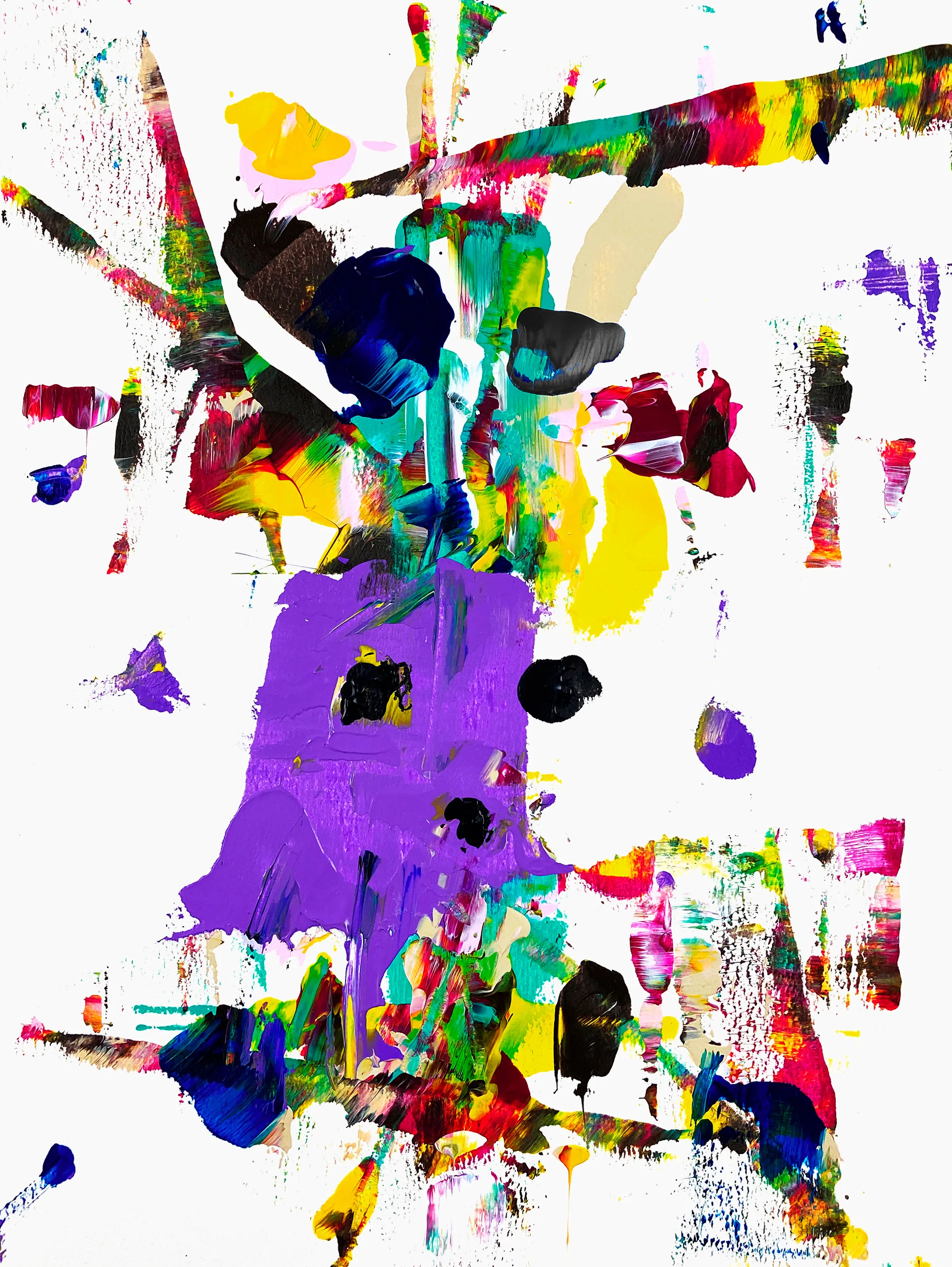 This work is painted with acrylic paints on paper. It was created with a pipe without using a brush.