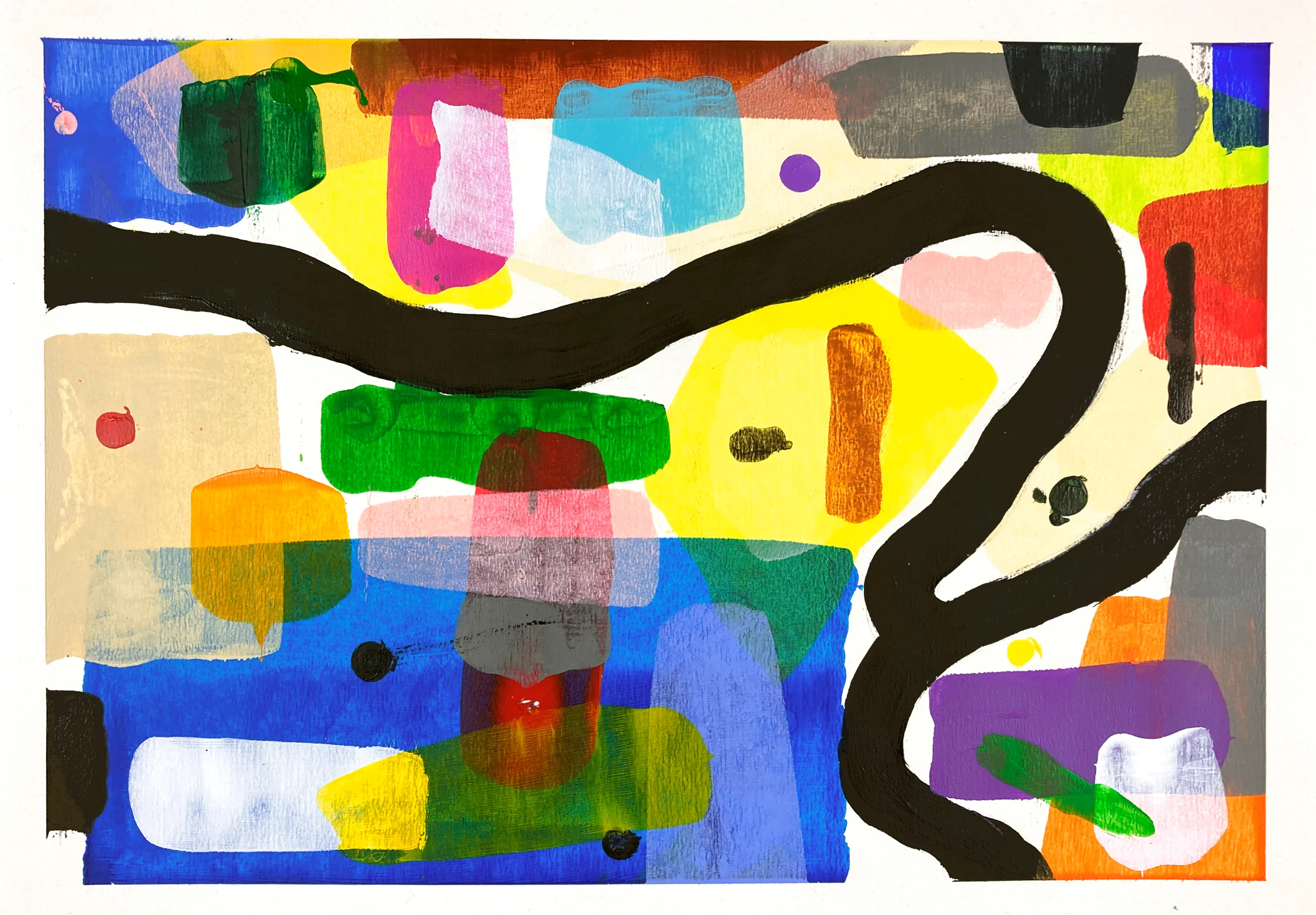This work is painted with acrylic paints on paper. It was created with a pipe without using a brush. After that, I edited it digitally.