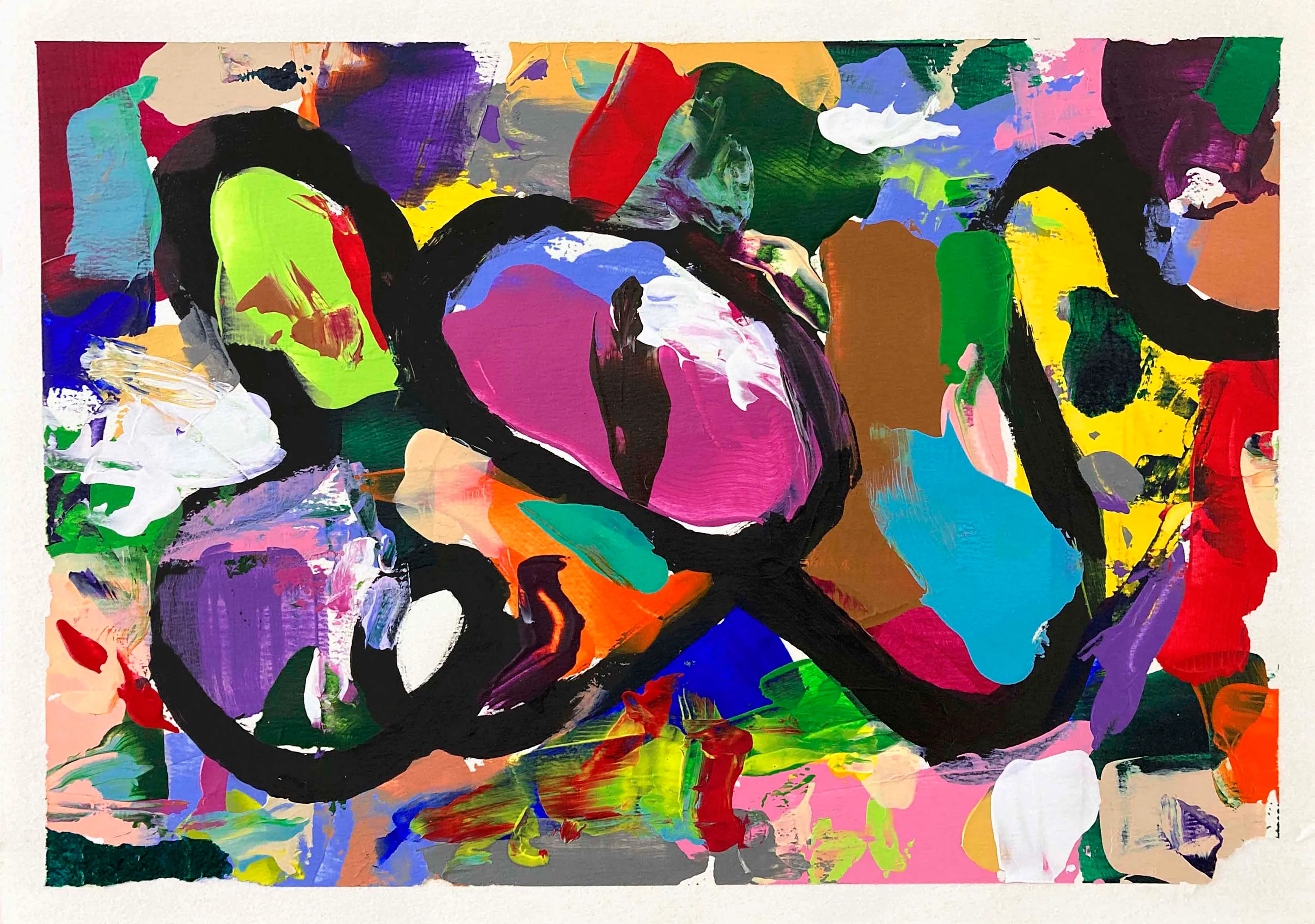 This work is painted with acrylic paints on paper. It was created with a pipe without using a brush. After that, I edited it digitally.