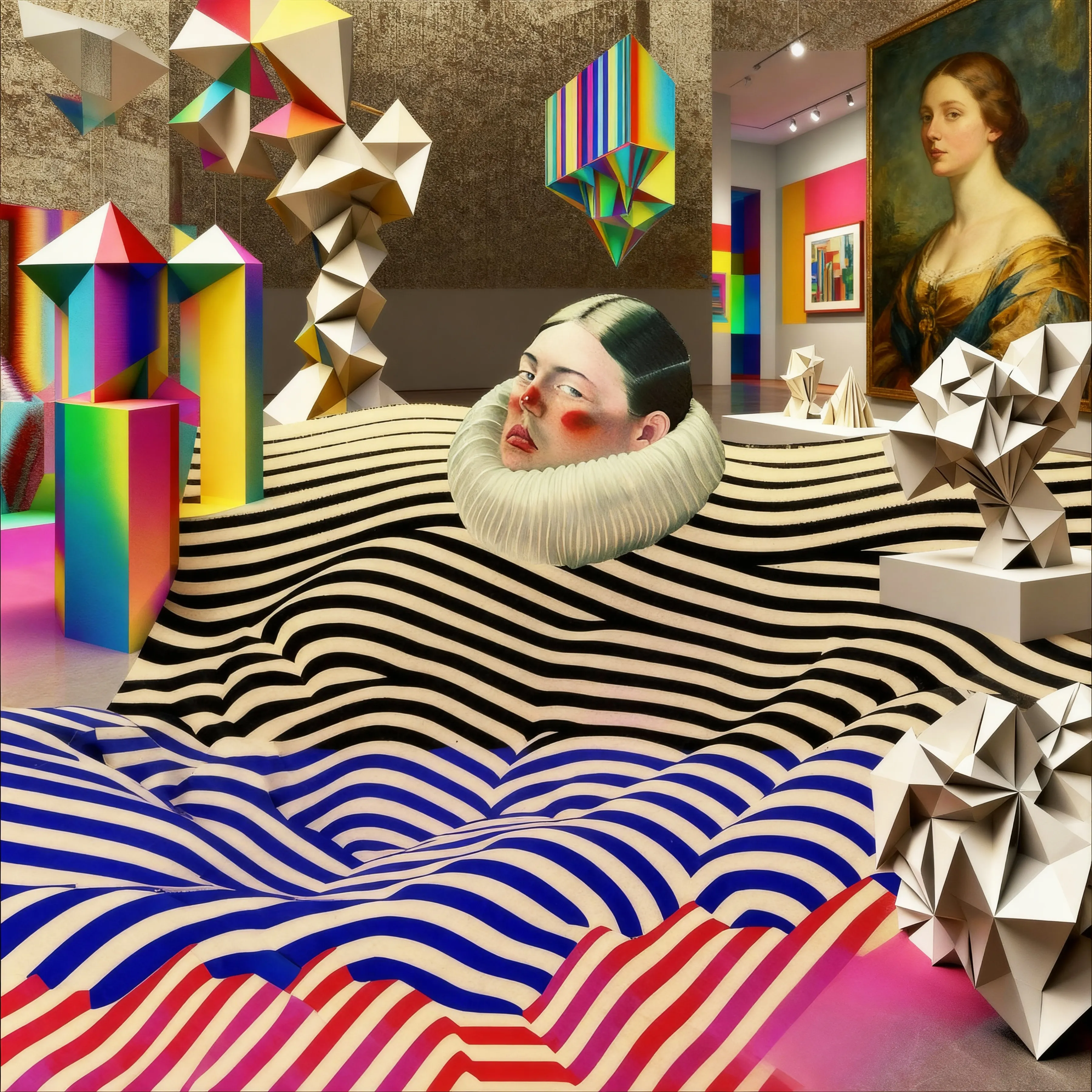 A surreal flood of stripes and prisms washes across the gallery floor, swallowing history and birthing new forms. Art redreamed into a hyper-dimensional trance blending (now classic) American pop, origami, and Ai hallucinations.