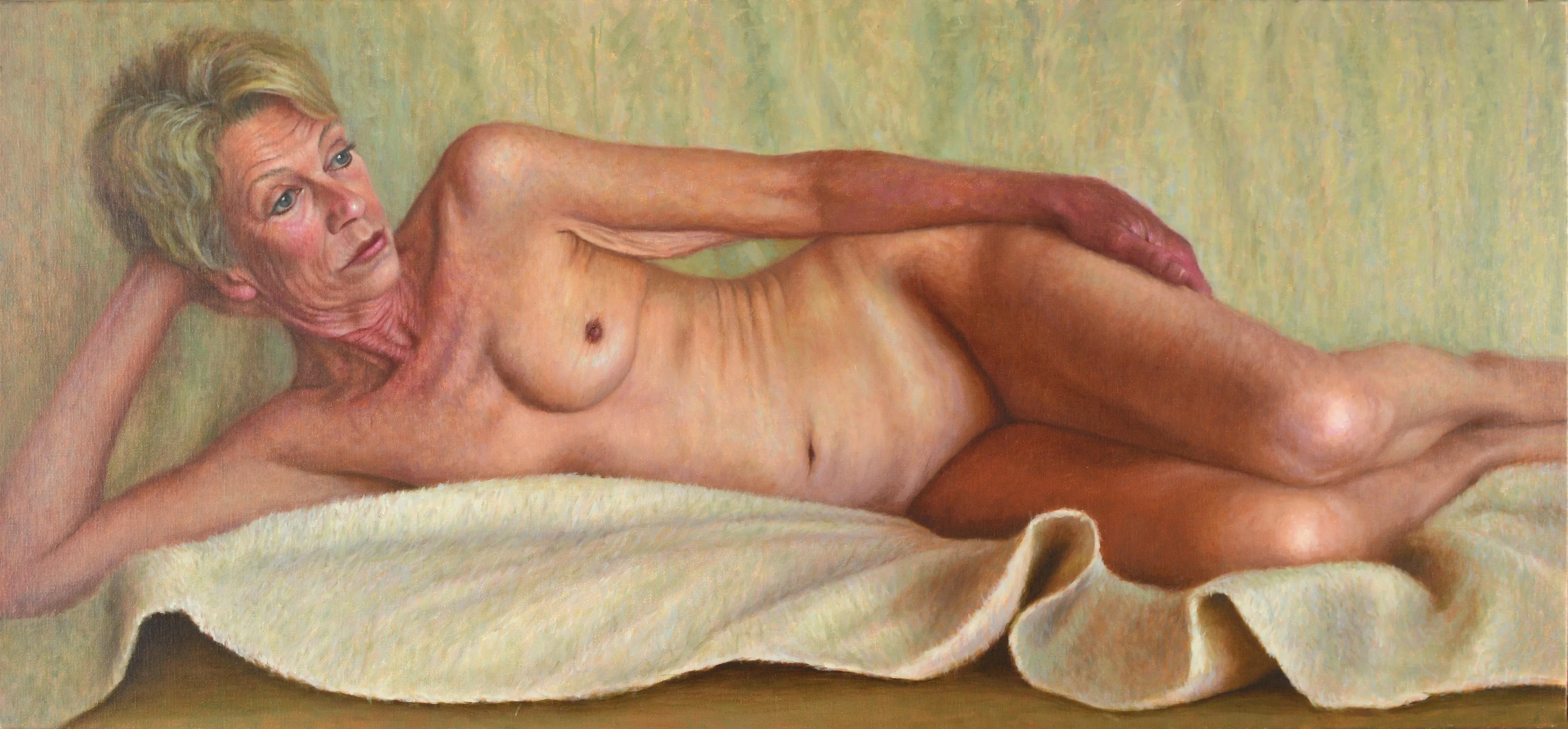 An original oilpainting of 140 x 70 cm oil on linen from 2017.
Part of the serie: Precious bodies , which is an ongoing serie about the beauty and the fears  of the ageing proces and the transcience of life.
