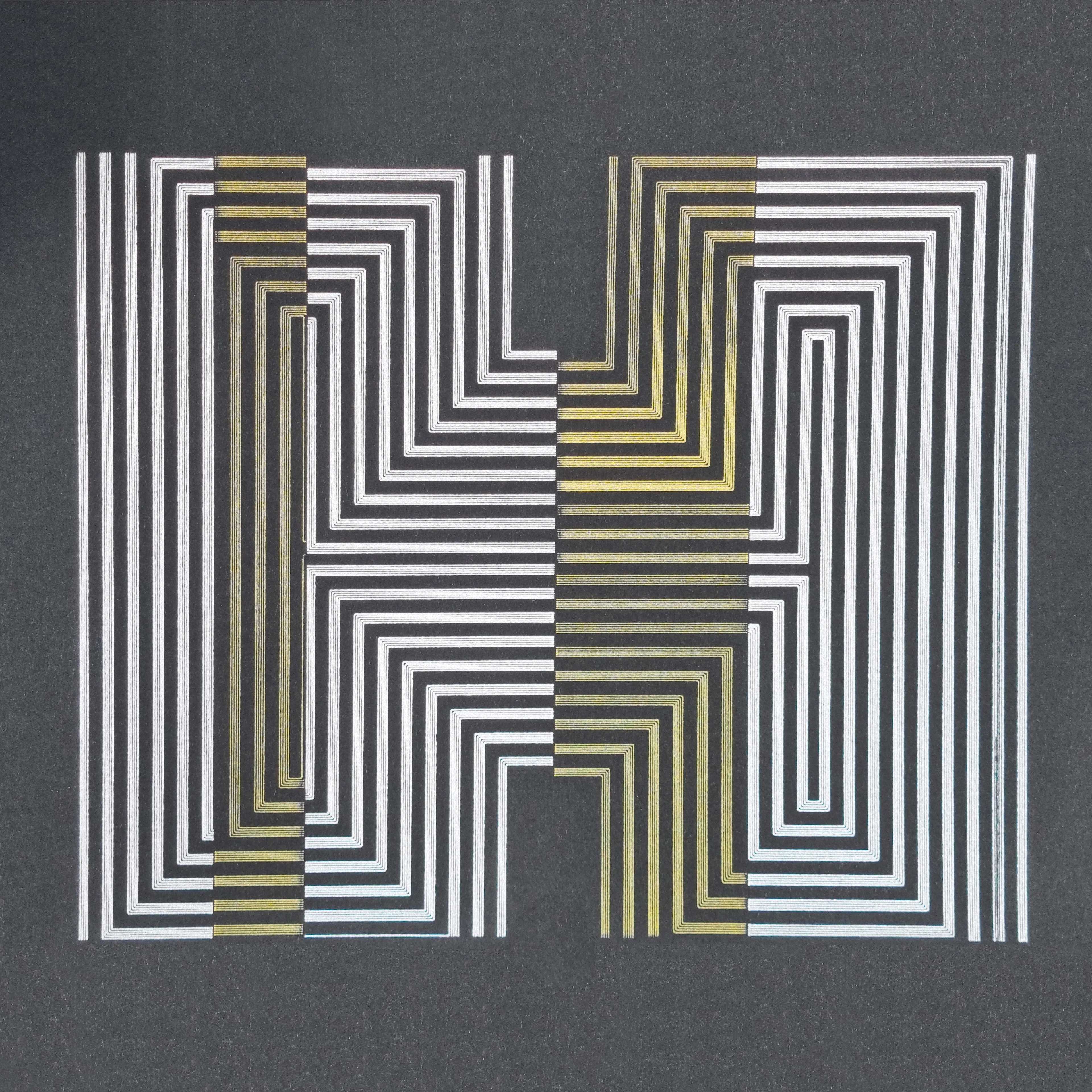 Introducing "H" - a 1:1 generative art piece, meticulously curated and plotted with gel pens on high-quality A3 210g black paper. This digital NFT is accompanied by a physical creation, which can be obtained by the first buyer upon request (contact @greweb for more details).

Crafted with code, "H" was created using a distance function to the letter "H," and a 5-line pattern was plotted along the distance field. The generative algorithm produced a plethora of variations, and after careful consideration, one was selected.

The creation process was driven by a search for minimalism, with the generative algorithm designed to confront the physical analog randomness of the pen plotter process.

To explore this piece further, head over to https://greweb.me/plots/920 for more details.