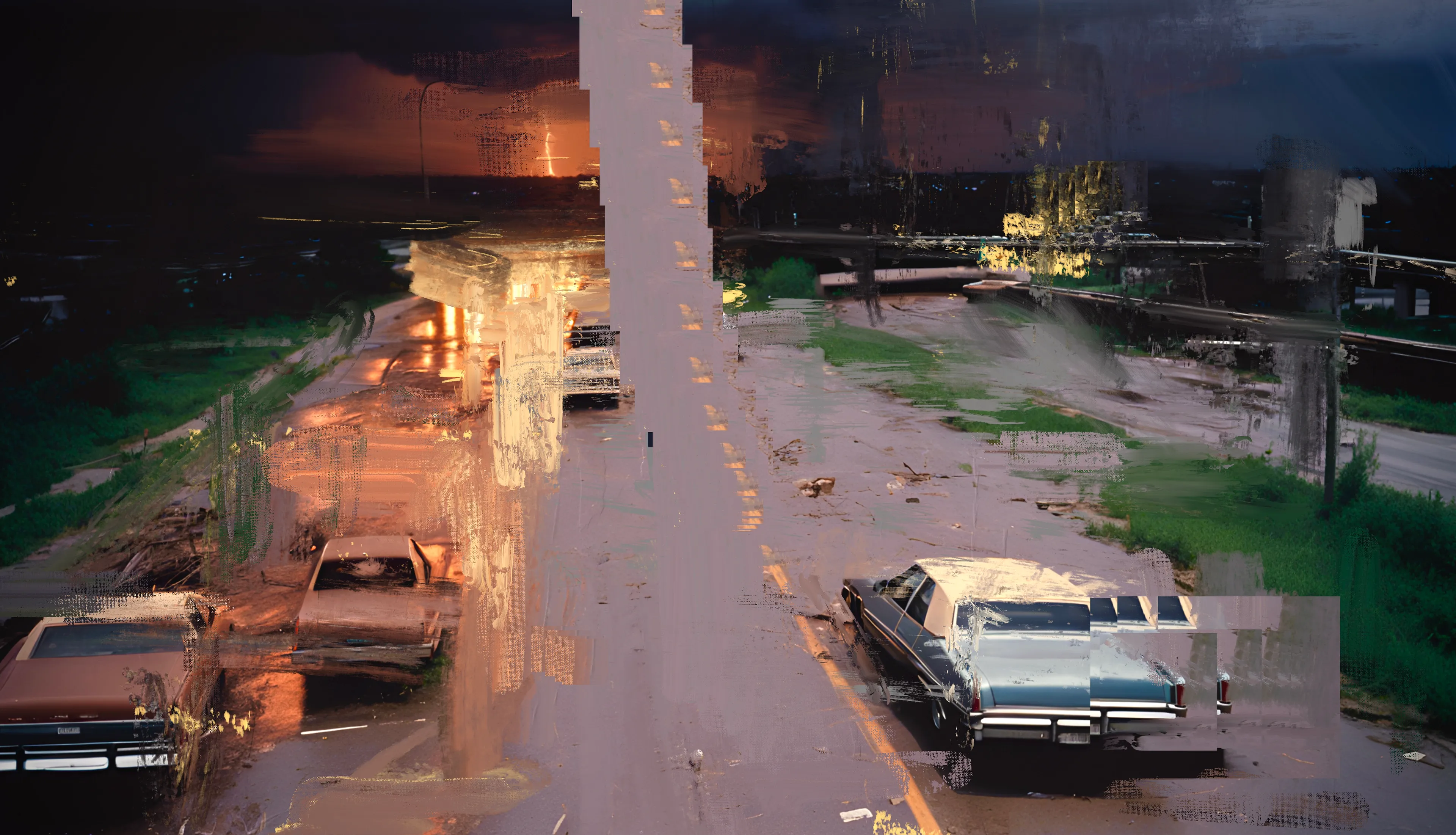 Norman Harman’s STORM paintings, an intricate fusion of AI and digital painting, transcend mere visual expression, delving into profound existential musings on humanity’s fraught relationship with nature and our speculative future. His haunting works, draw us into abandoned, post-apocalyptic realms where desolate highways vanish into AI-conjured tempestuous skies. These paintings resonate deeply, evoking a dystopian epoch where weather has been fictitiously weaponized by governments, unleashing tornadoes and other cataclysmic storms as instruments of oppression and annihilation.

Harman’s technique, echoing the mastery of Turner and Constable, employs the avant-garde tools of AI and digital painting to craft a vision that is both breathtaking and terrifying. The tumultuous clouds and fragmented landscapes are not mere backdrops but profound meditations on the ethical quandaries of unchecked technological progress. They invite us to ponder the fragility of human existence in the face of our own creations, blurring the lines between nature’s wrath and human hubris.

In these works, Harman conjures a new form of the sublime—a digital sublime—where the natural world, subjugated and manipulated, reflects our deepest fears and aspirations. The eerie beauty of his paintings lies in their duality: nature as both a casualty and a weapon of human ingenuity. This interplay creates a compelling dialogue within the canvas, urging us to contemplate our role in this looming dystopia. Harman’s art thus becomes a mirror, reflecting our existential anxieties and challenging us to reckon with the potential consequences of our relentless pursuit of control over the natural world. While the notion of weaponizing weather remains firmly in the realm of fiction, it serves as a potent symbol of the ethical and environmental dilemmas we face.