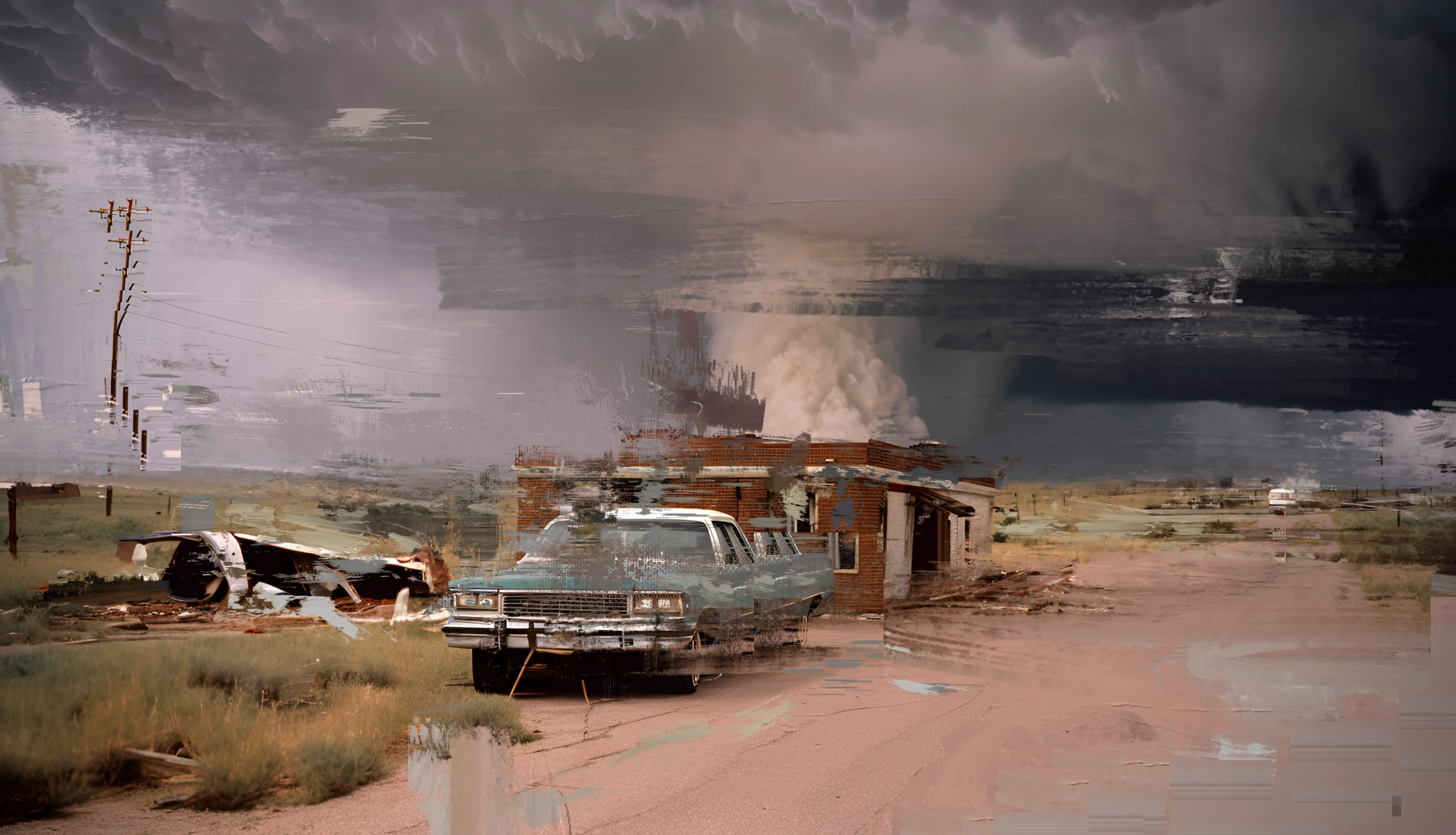 Norman Harman’s STORM paintings, an intricate fusion of AI and digital painting, transcend mere visual expression, delving into profound existential musings on humanity’s fraught relationship with nature and our speculative future. His haunting works, draw us into abandoned, post-apocalyptic realms where desolate highways vanish into AI-conjured tempestuous skies. These paintings resonate deeply, evoking a dystopian epoch where weather has been fictitiously weaponized by governments, unleashing tornadoes and other cataclysmic storms as instruments of oppression and annihilation.

Harman’s technique, echoing the mastery of Turner and Constable, employs the avant-garde tools of AI and digital painting to craft a vision that is both breathtaking and terrifying. The tumultuous clouds and fragmented landscapes are not mere backdrops but profound meditations on the ethical quandaries of unchecked technological progress. They invite us to ponder the fragility of human existence in the face of our own creations, blurring the lines between nature’s wrath and human hubris.

In these works, Harman conjures a new form of the sublime—a digital sublime—where the natural world, subjugated and manipulated, reflects our deepest fears and aspirations. The eerie beauty of his paintings lies in their duality: nature as both a casualty and a weapon of human ingenuity. This interplay creates a compelling dialogue within the canvas, urging us to contemplate our role in this looming dystopia. Harman’s art thus becomes a mirror, reflecting our existential anxieties and challenging us to reckon with the potential consequences of our relentless pursuit of control over the natural world. While the notion of weaponizing weather remains firmly in the realm of fiction, it serves as a potent symbol of the ethical and environmental dilemmas we face.
