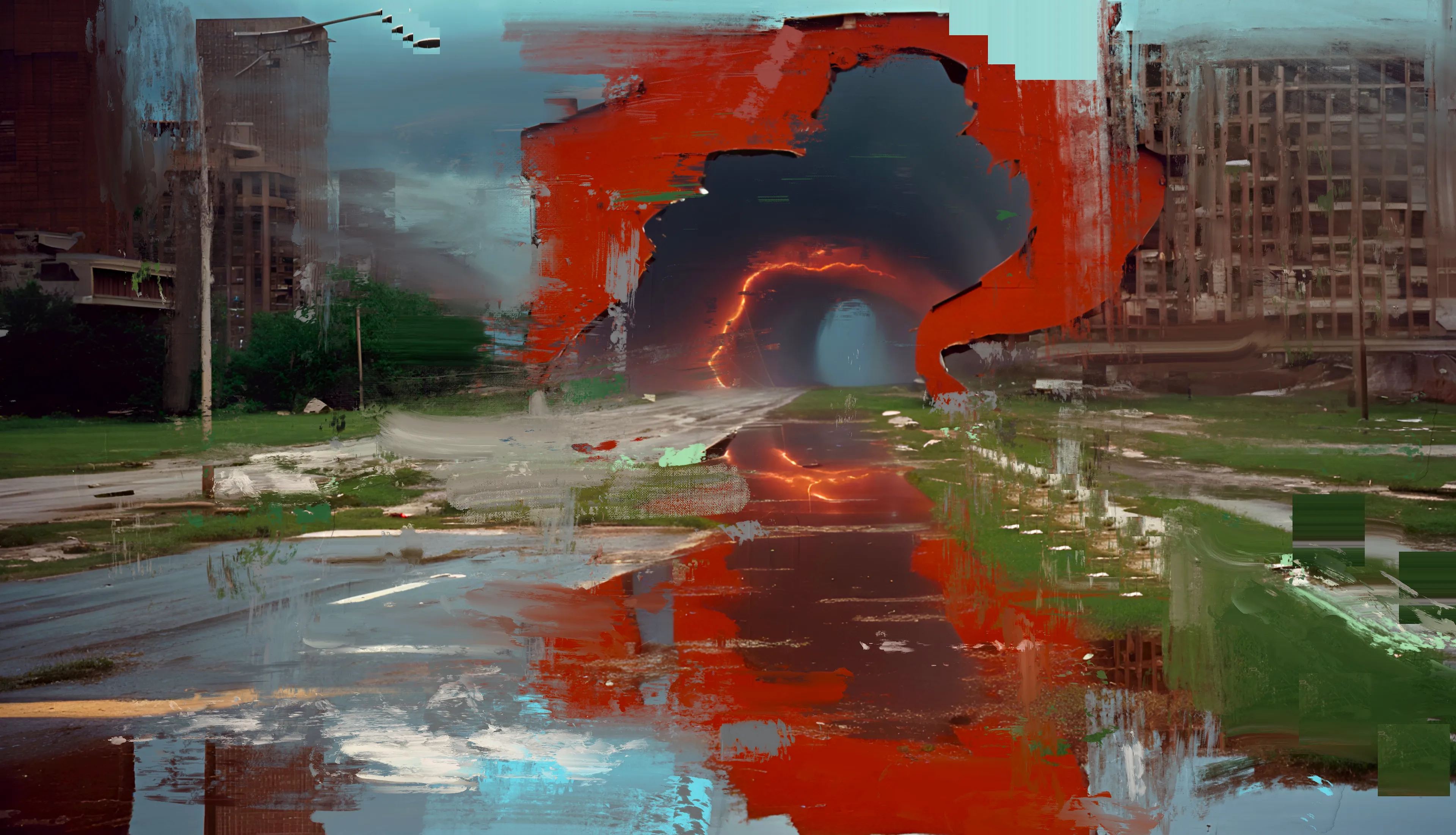 Norman Harman’s STORM paintings, an intricate fusion of AI and digital painting, transcend mere visual expression, delving into profound existential musings on humanity’s fraught relationship with nature and our speculative future. His haunting works, draw us into abandoned, post-apocalyptic realms where desolate highways vanish into AI-conjured tempestuous skies. These paintings resonate deeply, evoking a dystopian epoch where weather has been fictitiously weaponized by governments, unleashing tornadoes and other cataclysmic storms as instruments of oppression and annihilation.

Harman’s technique, echoing the mastery of Turner and Constable, employs the avant-garde tools of AI and digital painting to craft a vision that is both breathtaking and terrifying. The tumultuous clouds and fragmented landscapes are not mere backdrops but profound meditations on the ethical quandaries of unchecked technological progress. They invite us to ponder the fragility of human existence in the face of our own creations, blurring the lines between nature’s wrath and human hubris.

In these works, Harman conjures a new form of the sublime—a digital sublime—where the natural world, subjugated and manipulated, reflects our deepest fears and aspirations. The eerie beauty of his paintings lies in their duality: nature as both a casualty and a weapon of human ingenuity. This interplay creates a compelling dialogue within the canvas, urging us to contemplate our role in this looming dystopia. Harman’s art thus becomes a mirror, reflecting our existential anxieties and challenging us to reckon with the potential consequences of our relentless pursuit of control over the natural world. While the notion of weaponizing weather remains firmly in the realm of fiction, it serves as a potent symbol of the ethical and environmental dilemmas we face.