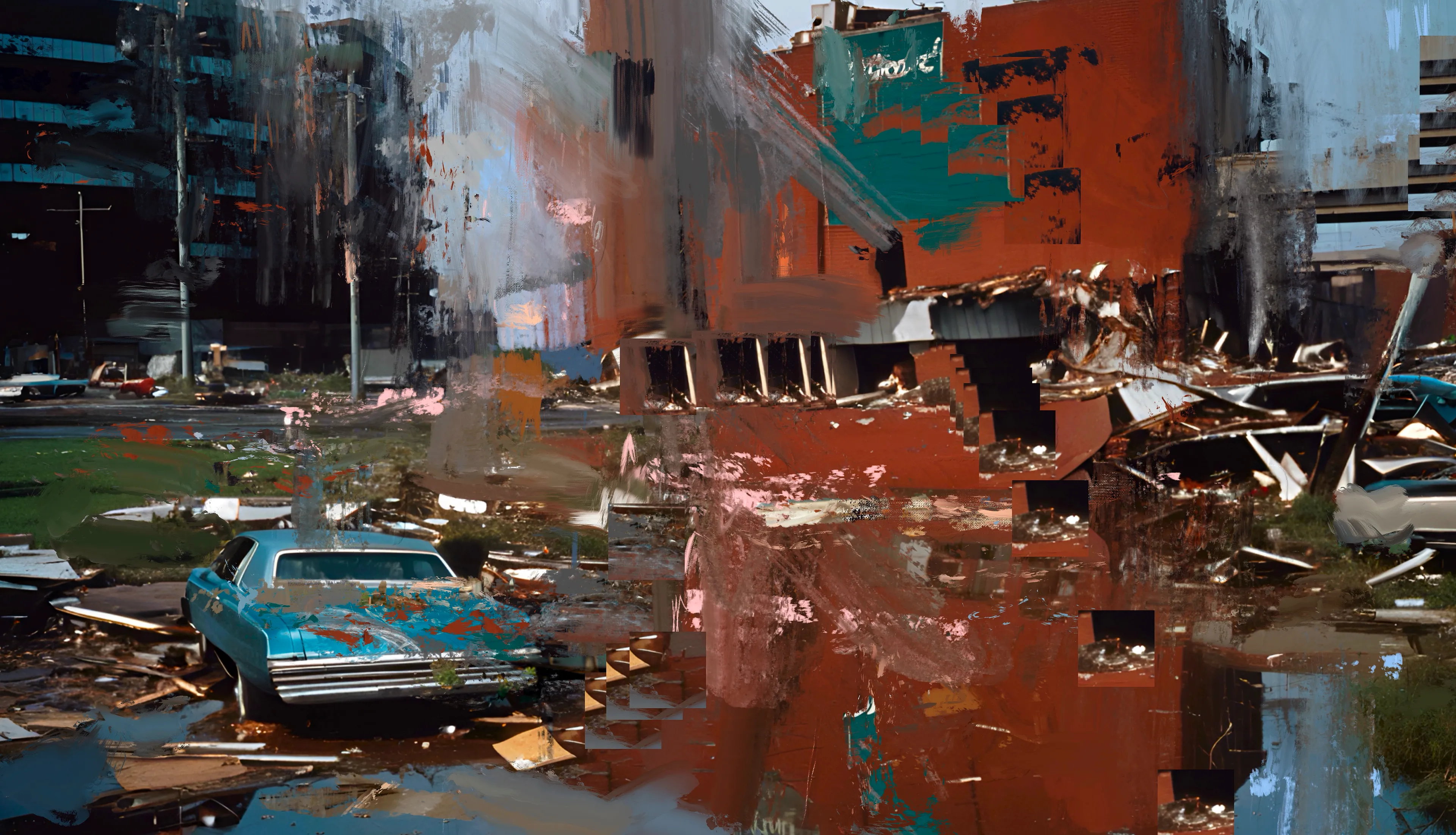 Norman Harman’s STORM paintings, an intricate fusion of AI and digital painting, transcend mere visual expression, delving into profound existential musings on humanity’s fraught relationship with nature and our speculative future. His haunting works, draw us into abandoned, post-apocalyptic realms where desolate highways vanish into AI-conjured tempestuous skies. These paintings resonate deeply, evoking a dystopian epoch where weather has been fictitiously weaponized by governments, unleashing tornadoes and other cataclysmic storms as instruments of oppression and annihilation.

Harman’s technique, echoing the mastery of Turner and Constable, employs the avant-garde tools of AI and digital painting to craft a vision that is both breathtaking and terrifying. The tumultuous clouds and fragmented landscapes are not mere backdrops but profound meditations on the ethical quandaries of unchecked technological progress. They invite us to ponder the fragility of human existence in the face of our own creations, blurring the lines between nature’s wrath and human hubris.

In these works, Harman conjures a new form of the sublime—a digital sublime—where the natural world, subjugated and manipulated, reflects our deepest fears and aspirations. The eerie beauty of his paintings lies in their duality: nature as both a casualty and a weapon of human ingenuity. This interplay creates a compelling dialogue within the canvas, urging us to contemplate our role in this looming dystopia. Harman’s art thus becomes a mirror, reflecting our existential anxieties and challenging us to reckon with the potential consequences of our relentless pursuit of control over the natural world. While the notion of weaponizing weather remains firmly in the realm of fiction, it serves as a potent symbol of the ethical and environmental dilemmas we face.