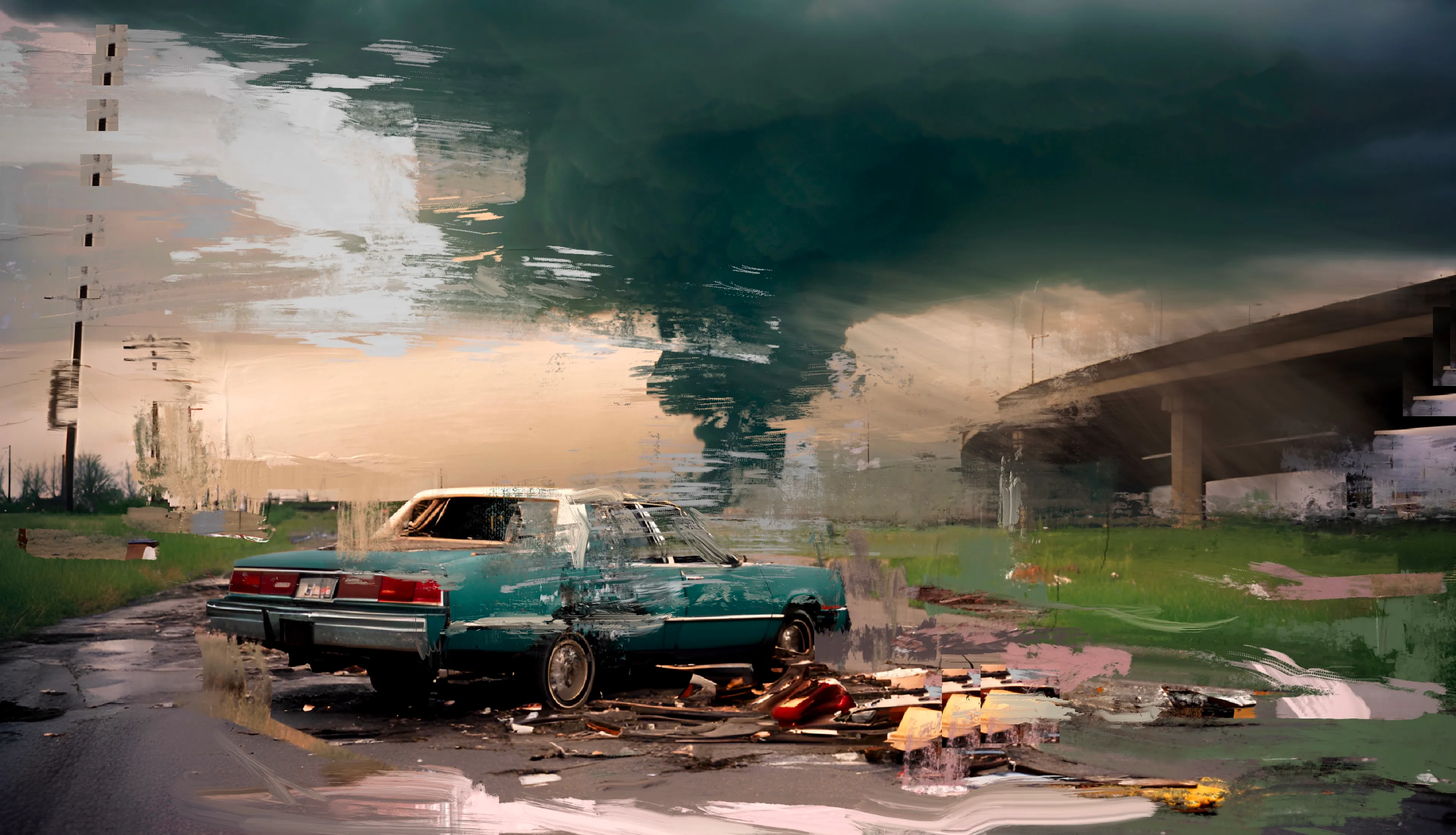 Norman Harman’s STORM paintings, an intricate fusion of AI and digital painting, transcend mere visual expression, delving into profound existential musings on humanity’s fraught relationship with nature and our speculative future. His haunting works, draw us into abandoned, post-apocalyptic realms where desolate highways vanish into AI-conjured tempestuous skies. These paintings resonate deeply, evoking a dystopian epoch where weather has been fictitiously weaponized by governments, unleashing tornadoes and other cataclysmic storms as instruments of oppression and annihilation.

Harman’s technique, echoing the mastery of Turner and Constable, employs the avant-garde tools of AI and digital painting to craft a vision that is both breathtaking and terrifying. The tumultuous clouds and fragmented landscapes are not mere backdrops but profound meditations on the ethical quandaries of unchecked technological progress. They invite us to ponder the fragility of human existence in the face of our own creations, blurring the lines between nature’s wrath and human hubris.

In these works, Harman conjures a new form of the sublime—a digital sublime—where the natural world, subjugated and manipulated, reflects our deepest fears and aspirations. The eerie beauty of his paintings lies in their duality: nature as both a casualty and a weapon of human ingenuity. This interplay creates a compelling dialogue within the canvas, urging us to contemplate our role in this looming dystopia. Harman’s art thus becomes a mirror, reflecting our existential anxieties and challenging us to reckon with the potential consequences of our relentless pursuit of control over the natural world. While the notion of weaponizing weather remains firmly in the realm of fiction, it serves as a potent symbol of the ethical and environmental dilemmas we face.